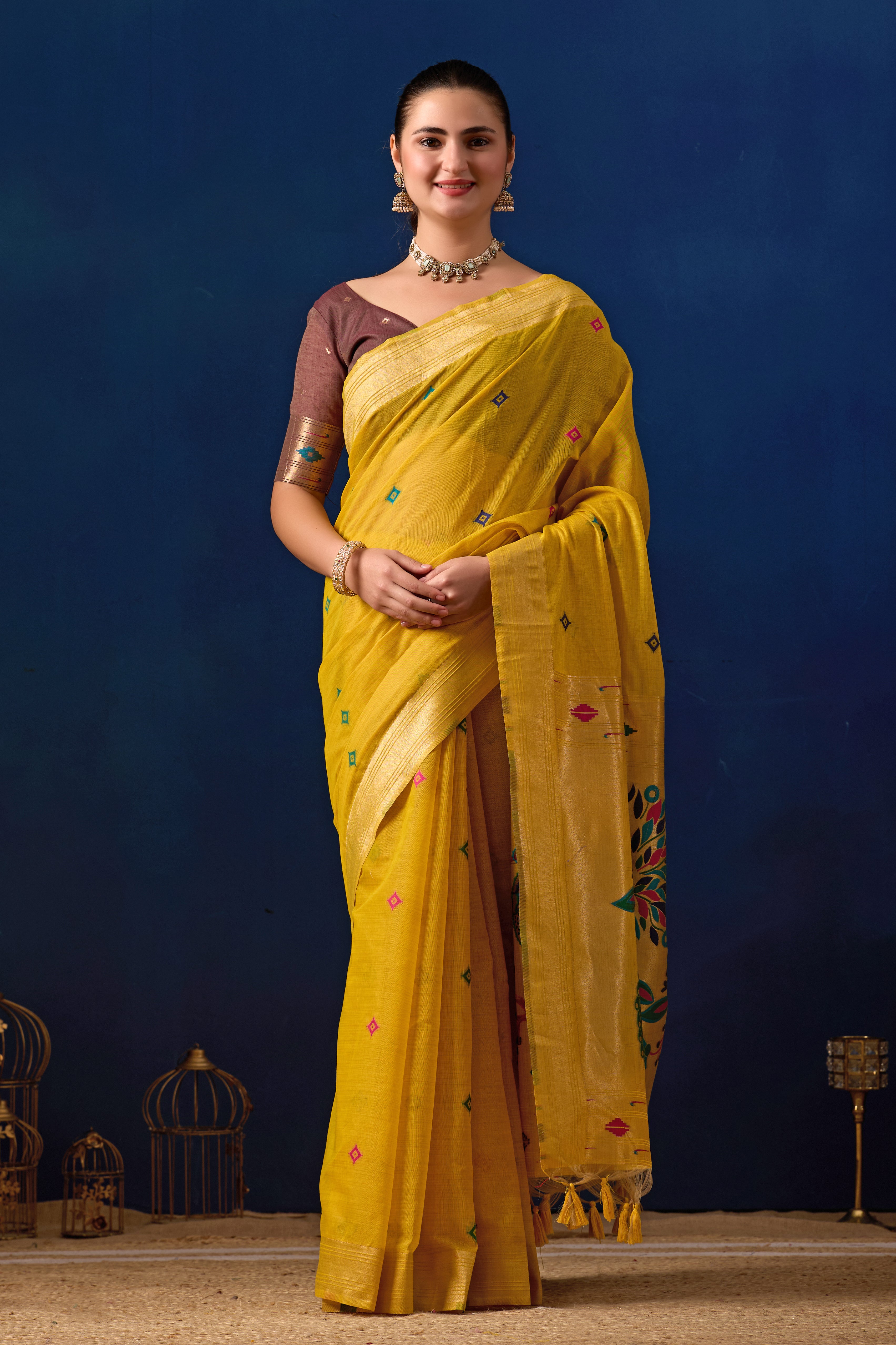 Royal Paithani Silk Saree in Yellow with Maroon Contrast