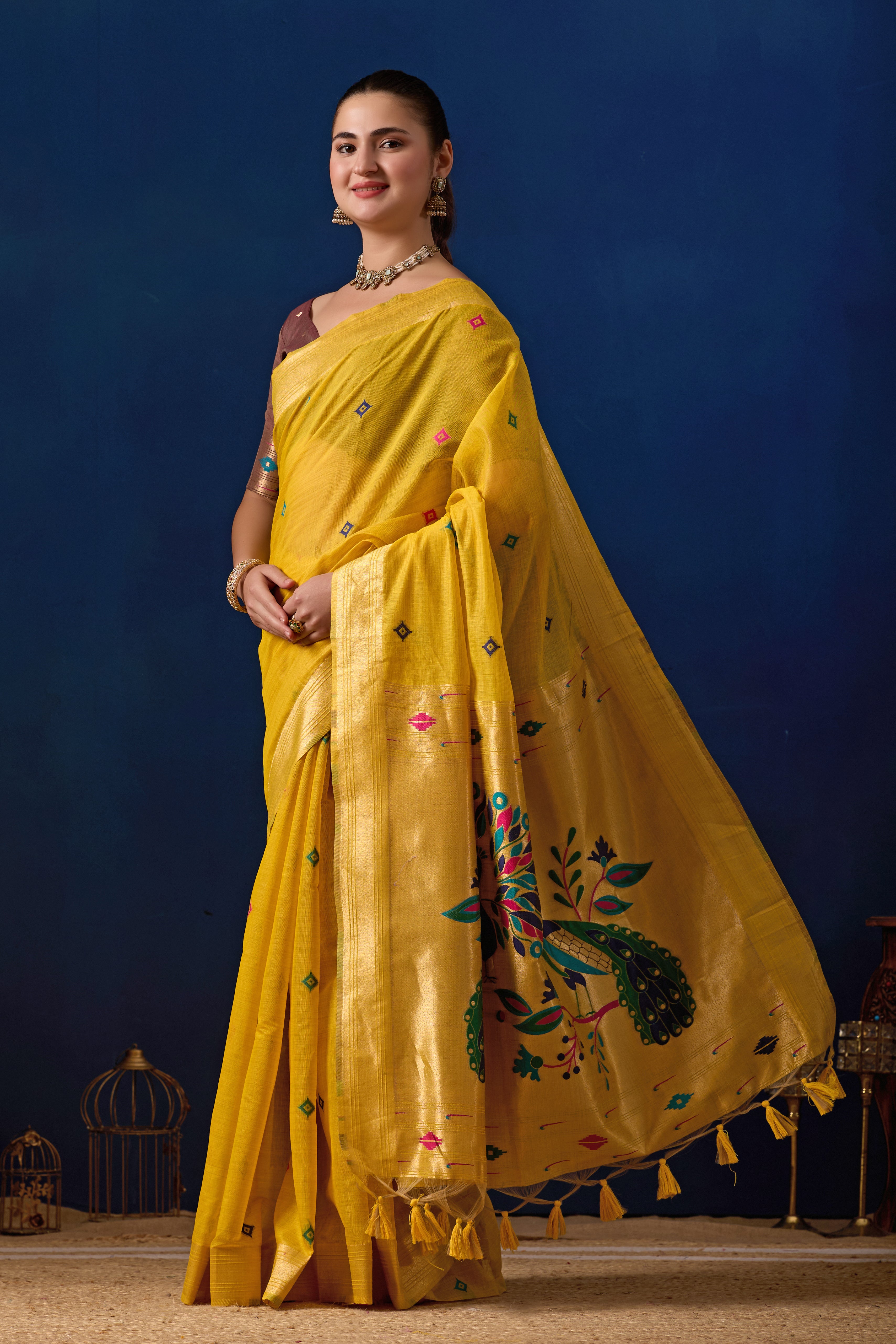 Royal Paithani Silk Saree in Yellow with Maroon Contrast