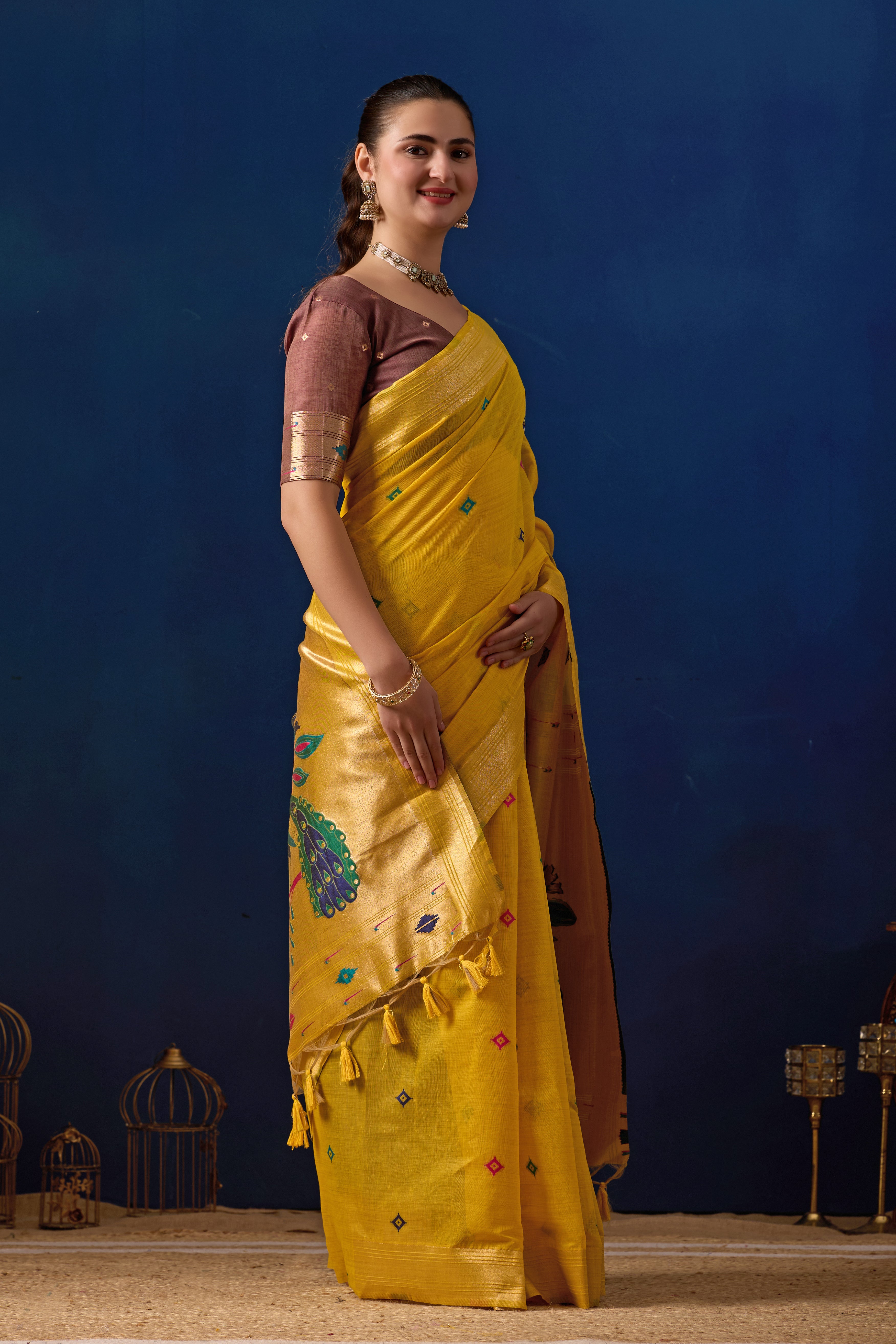 Royal Paithani Silk Saree in Yellow with Maroon Contrast