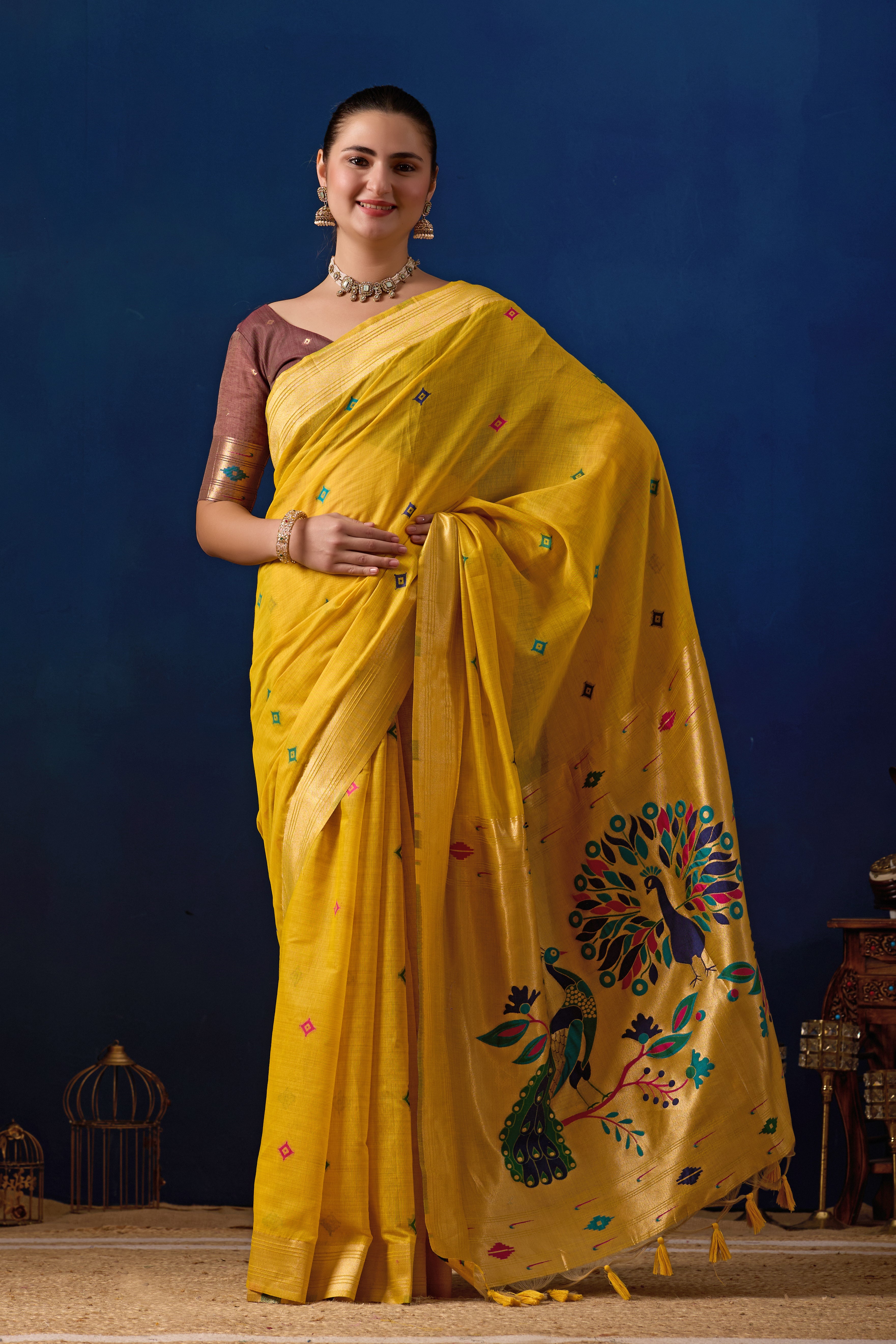 Royal Paithani Silk Saree in Yellow with Maroon Contrast