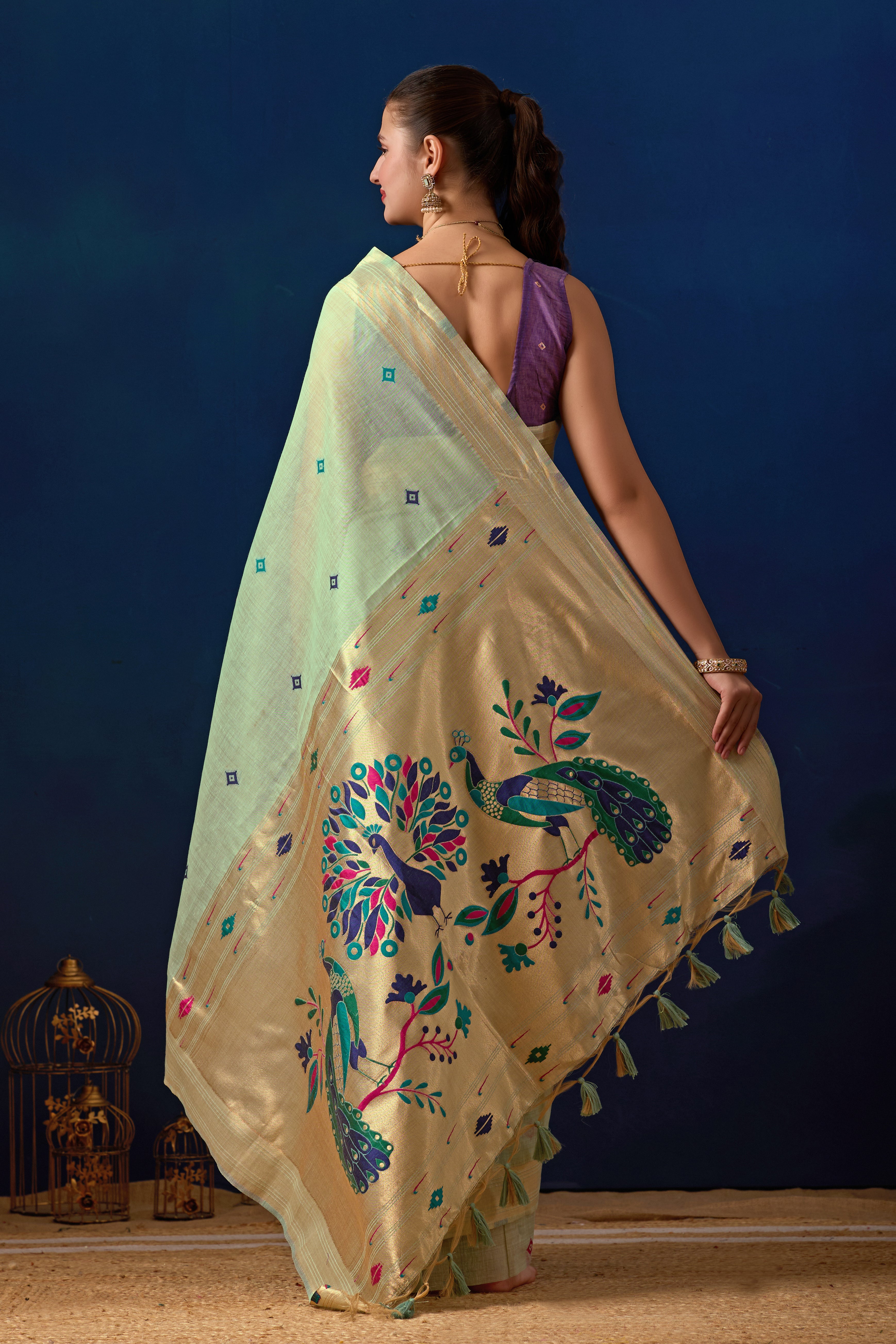 Royal Paithani Silk Saree in Green with Majanta Contrast