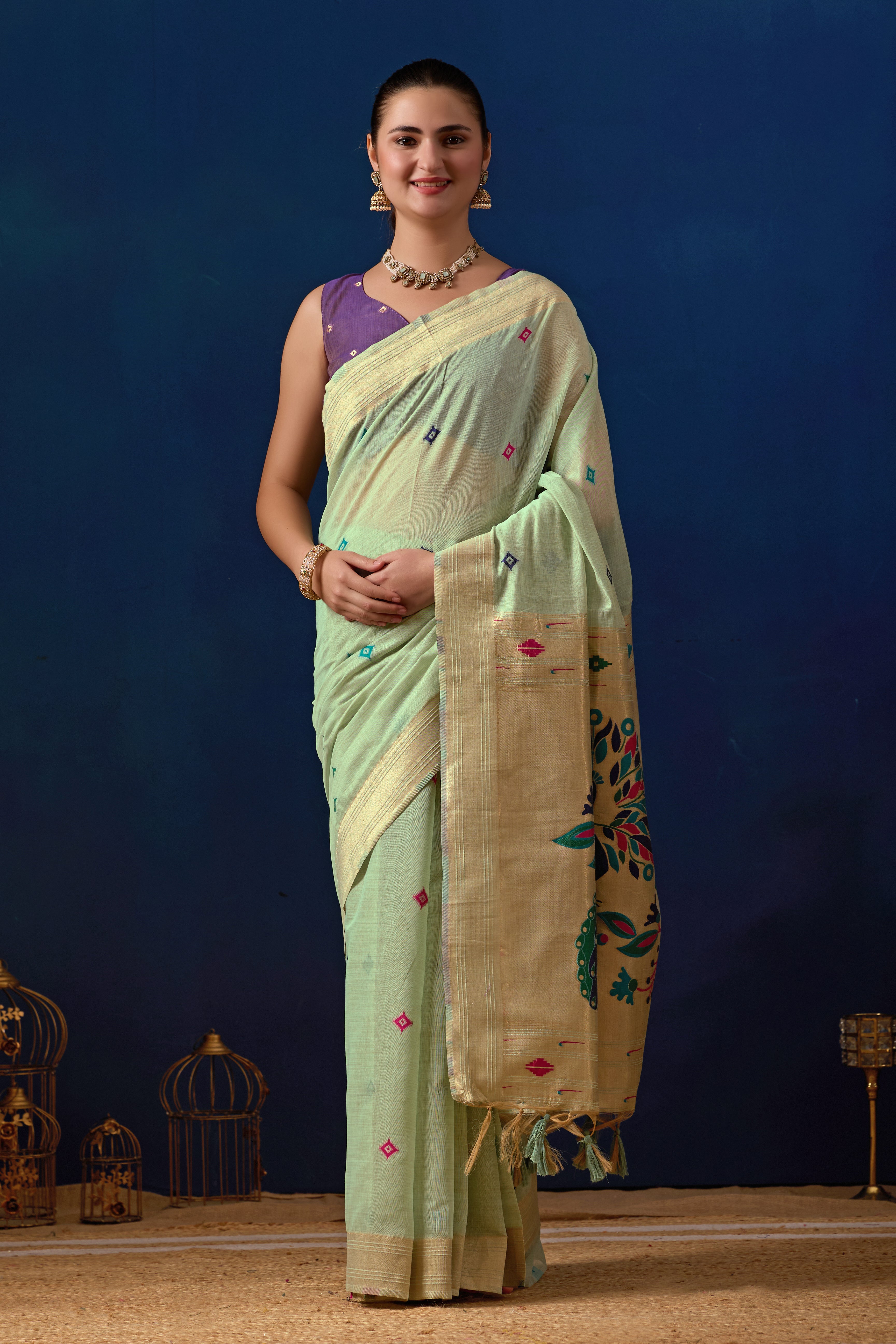 Royal Paithani Silk Saree in Green with Majanta Contrast