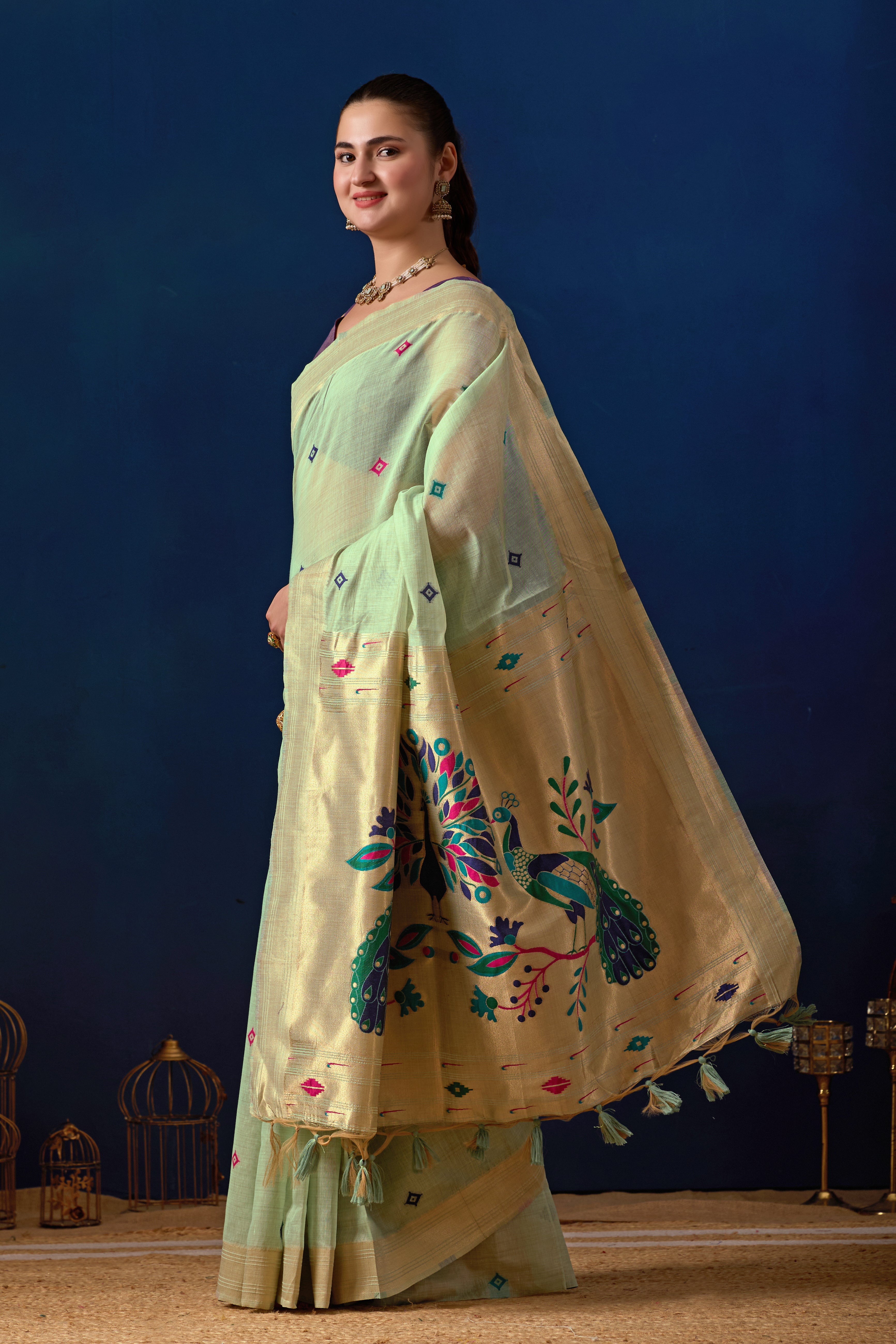 Royal Paithani Silk Saree in Green with Majanta Contrast