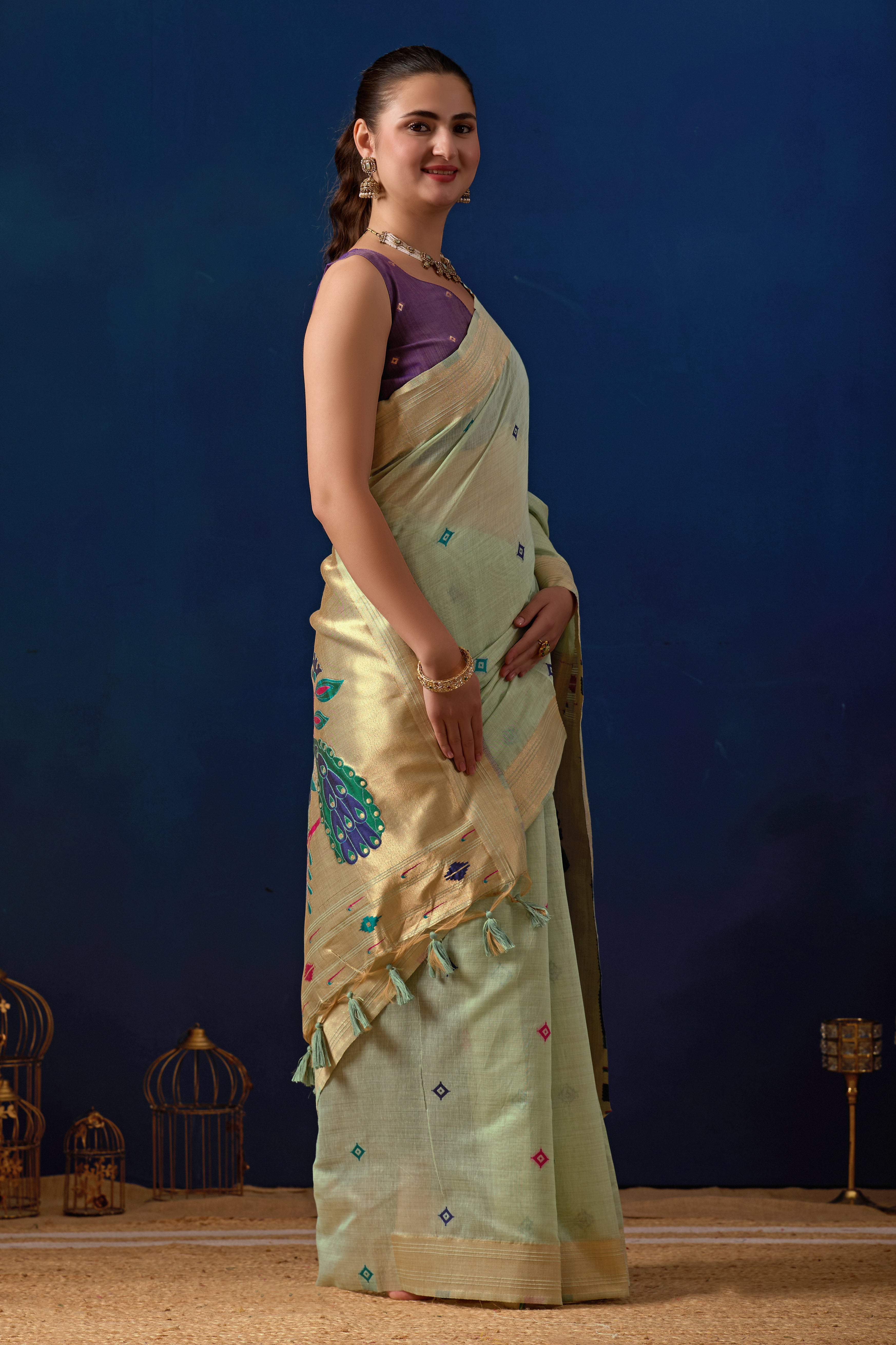 Royal Paithani Silk Saree in Green with Majanta Contrast