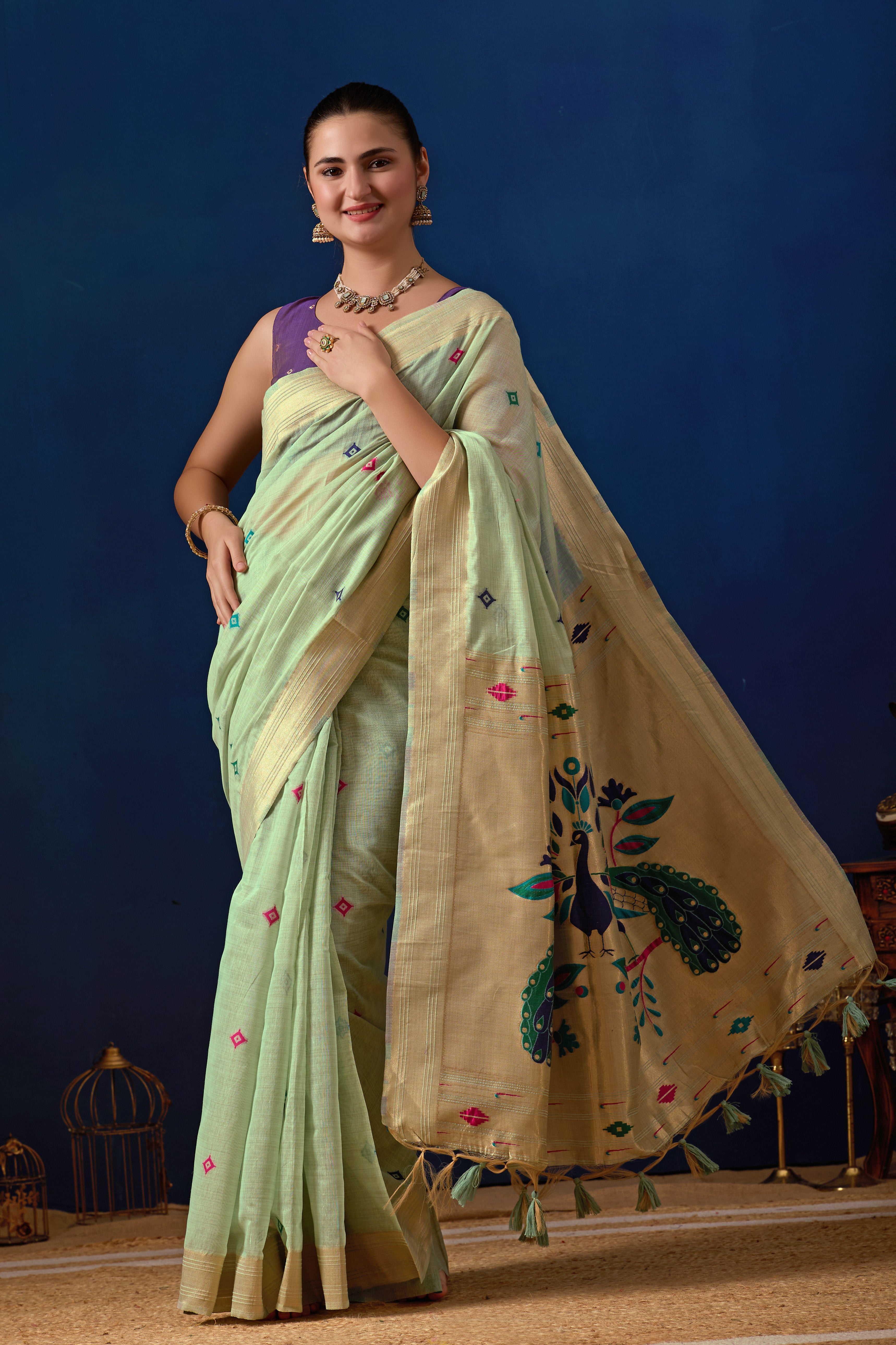 Royal Paithani Silk Saree in Green with Majanta Contrast