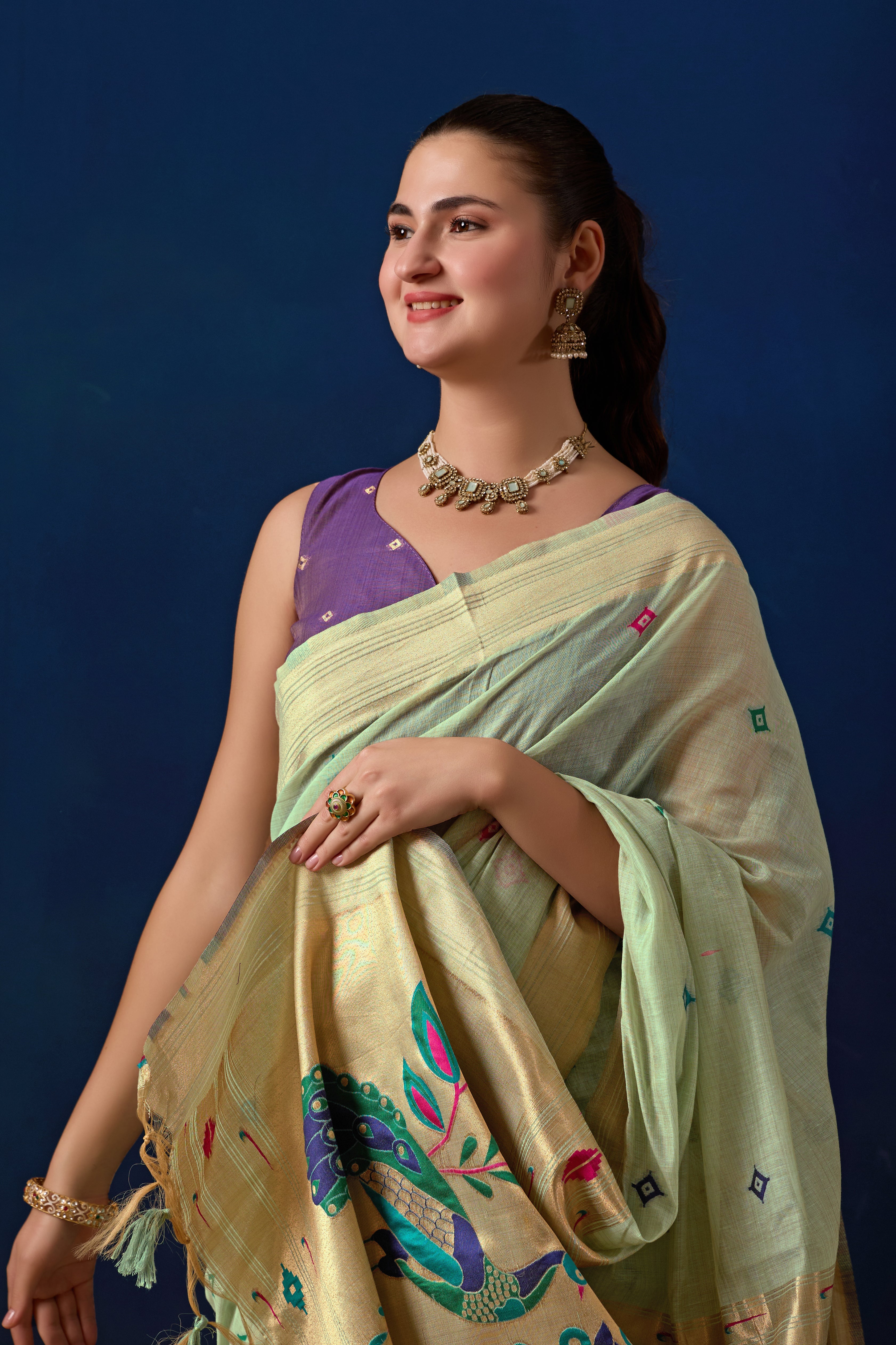 Royal Paithani Silk Saree in Green with Majanta Contrast