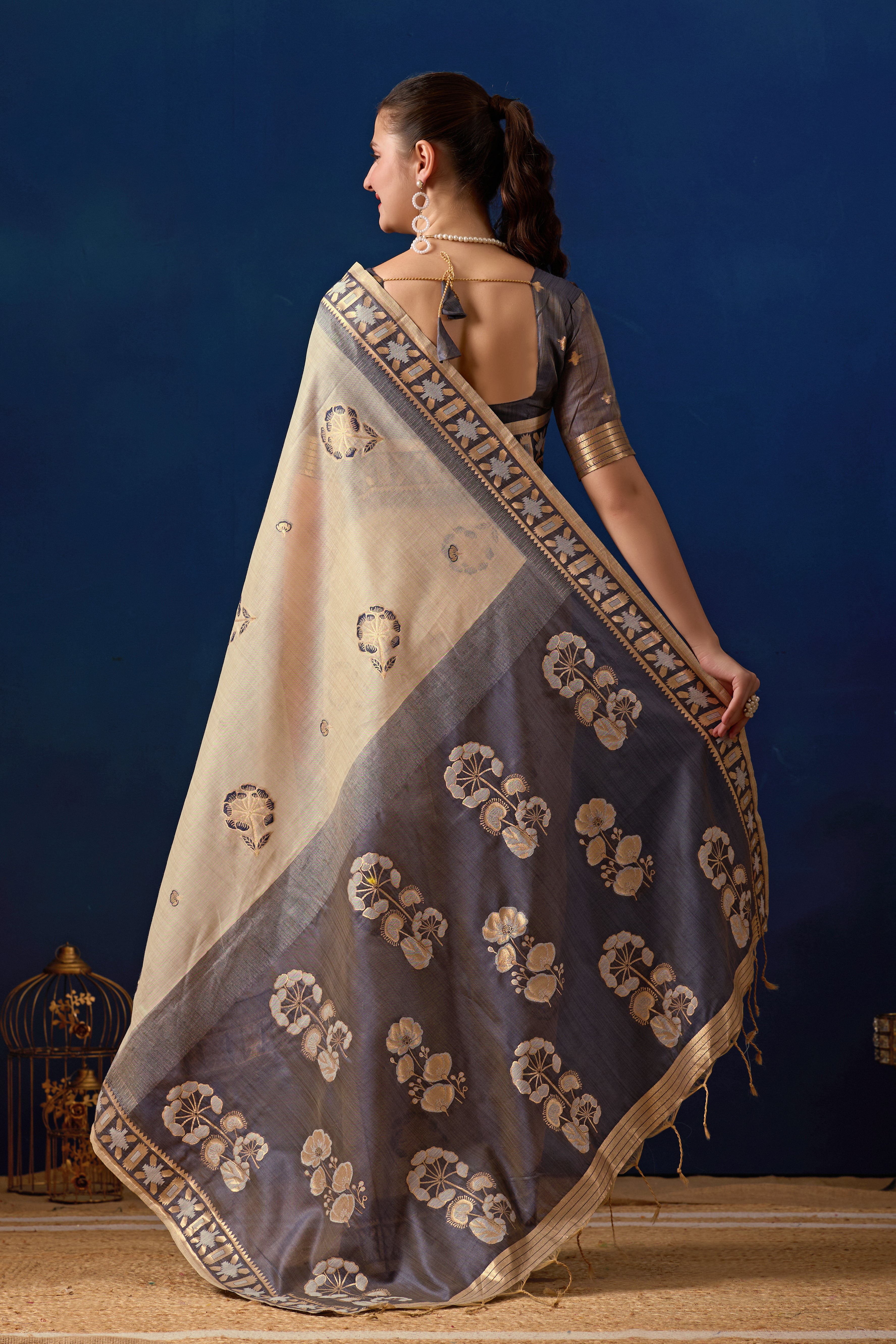 Elegant Cotton Silk Saree in Cream with Navy Blue Contrast