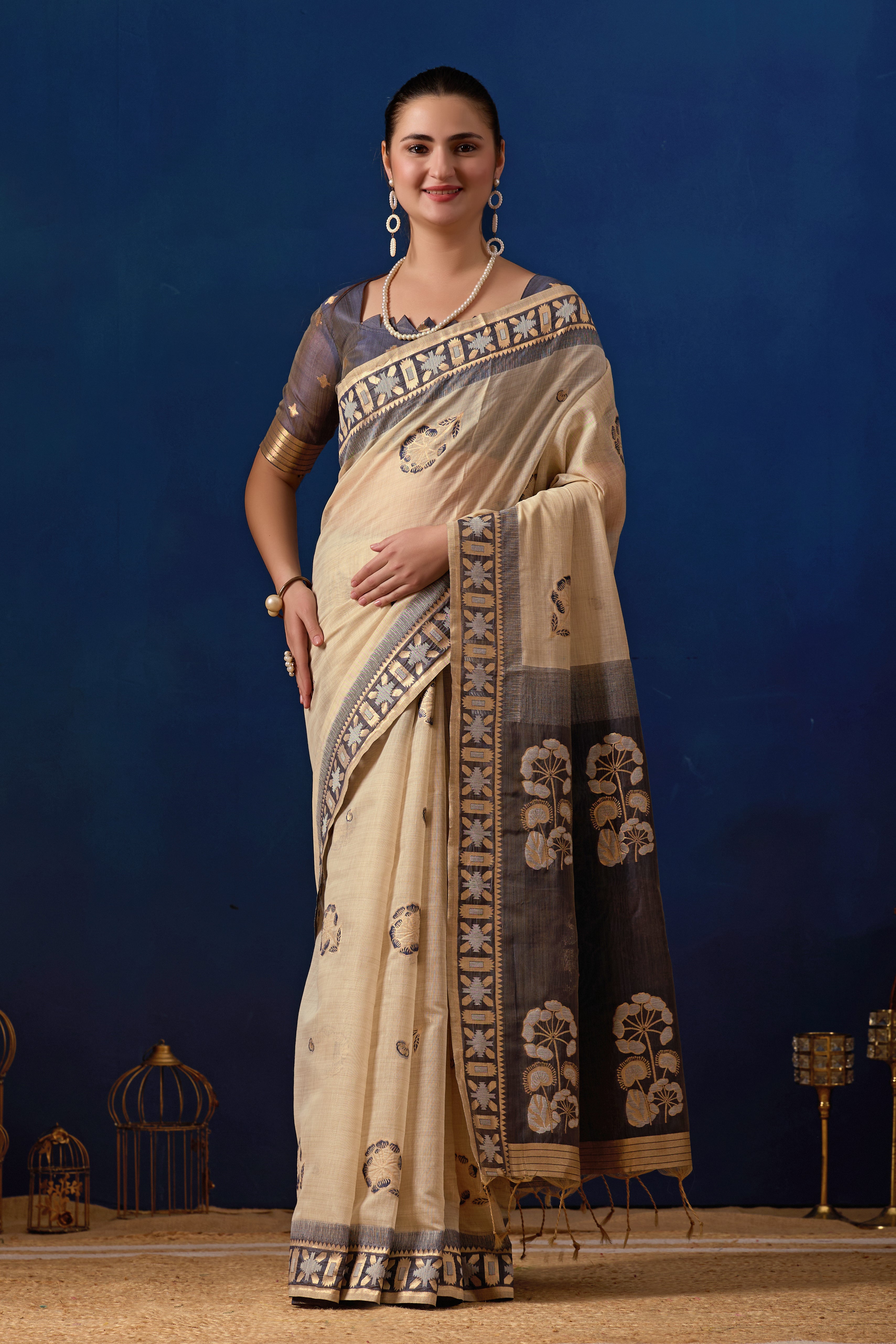 Elegant Cotton Silk Saree in Cream with Navy Blue Contrast