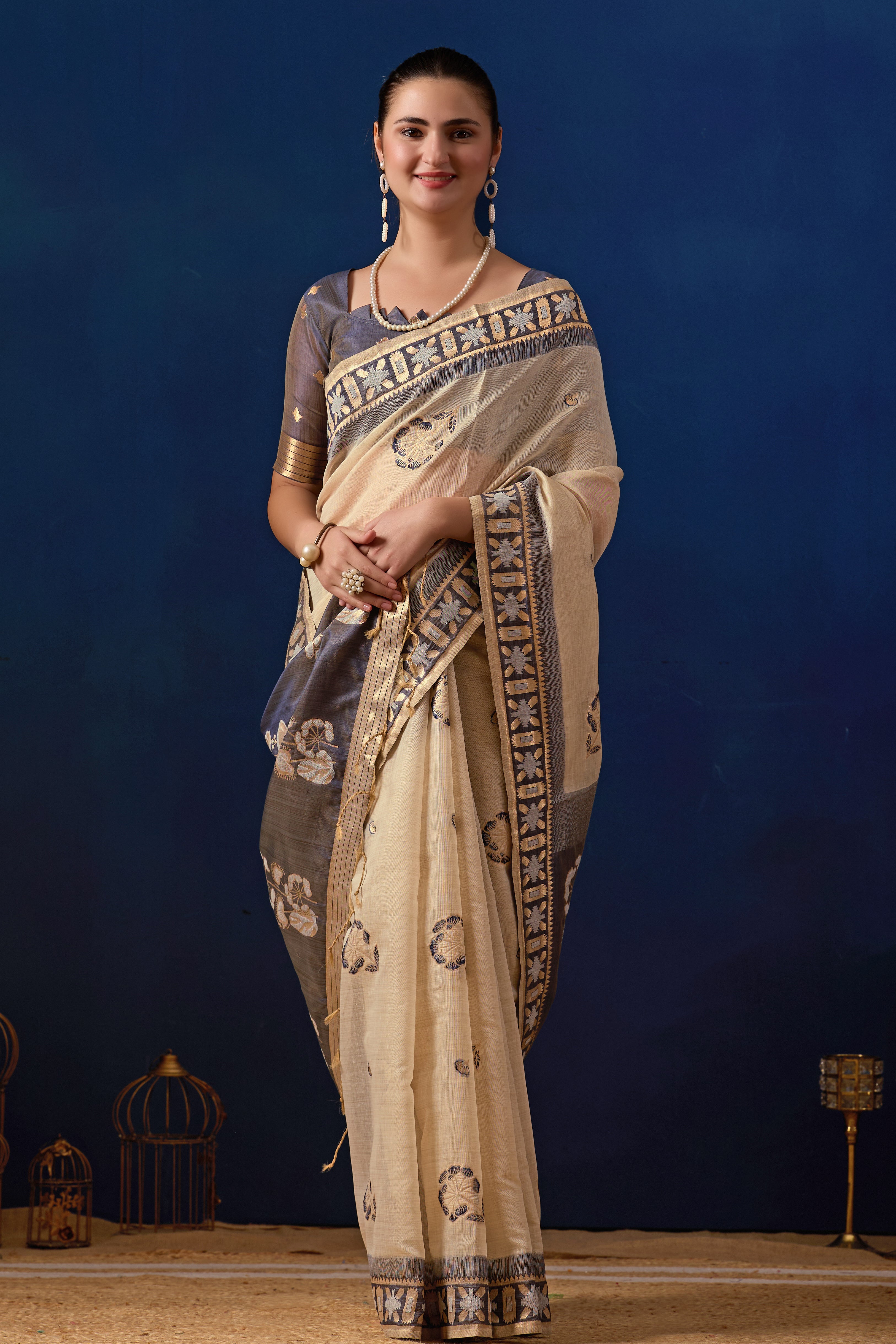 Elegant Cotton Silk Saree in Cream with Navy Blue Contrast