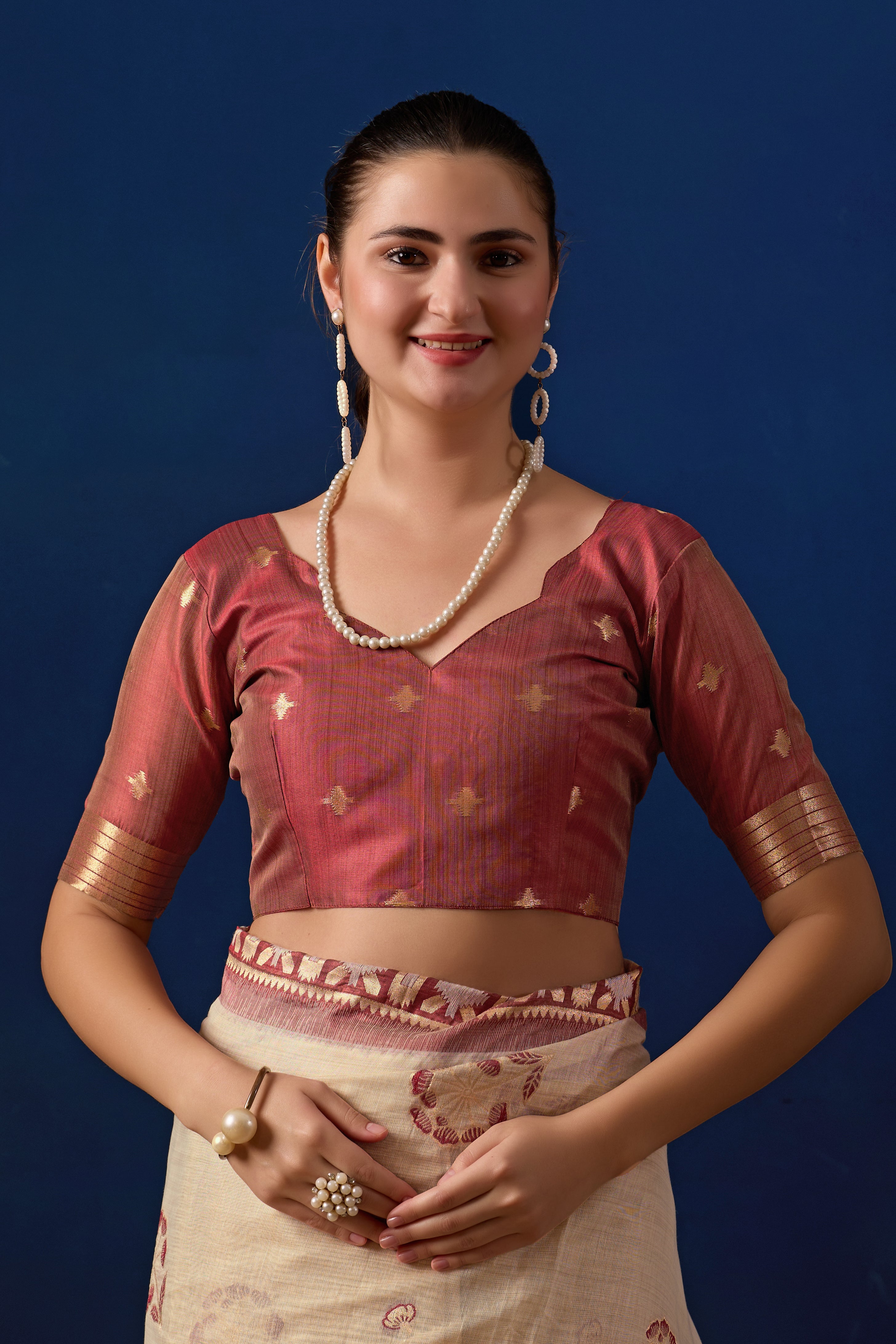 Elegant Cotton Silk Saree in Cream with Maroon Contrast