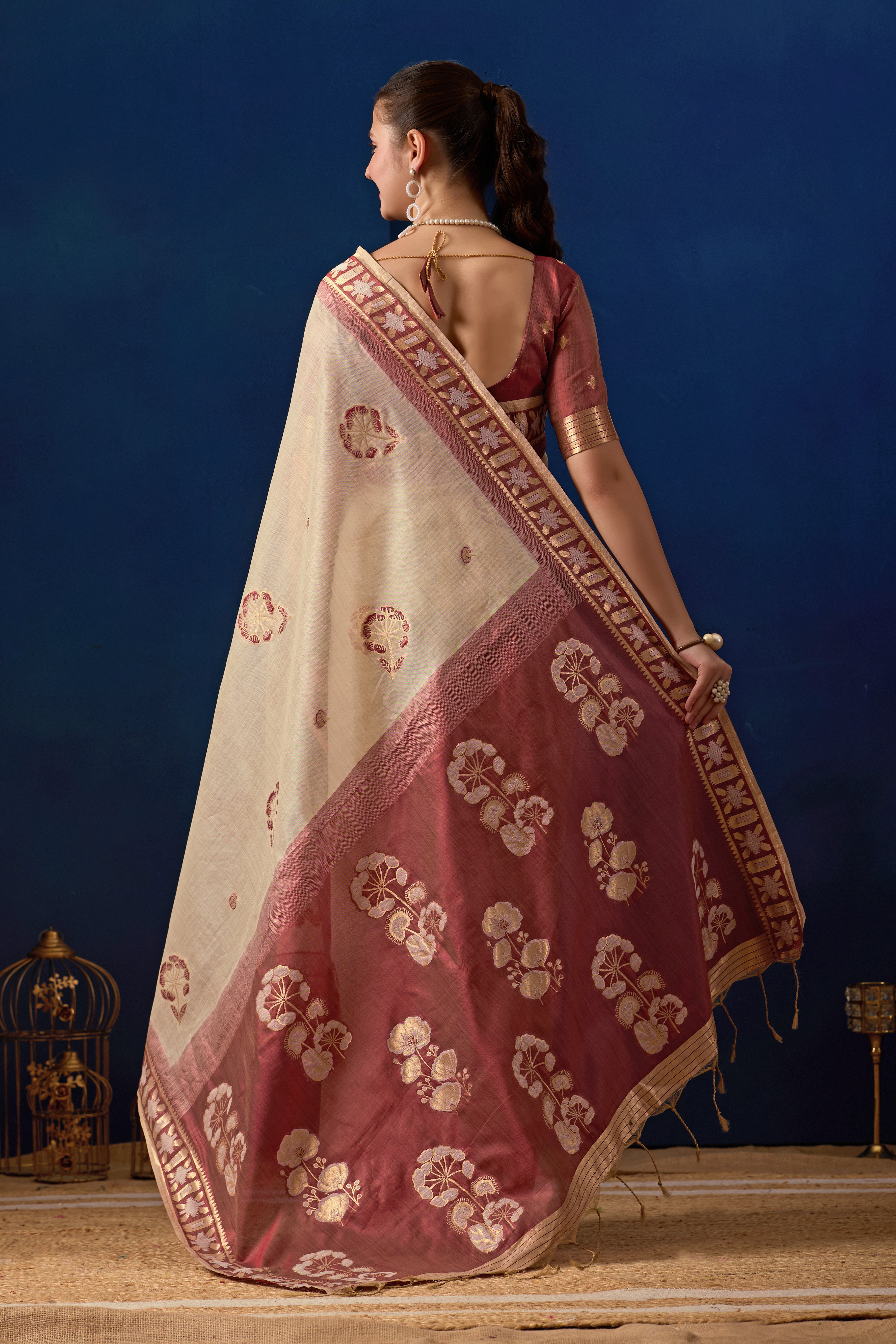 Elegant Cotton Silk Saree in Cream with Maroon Contrast