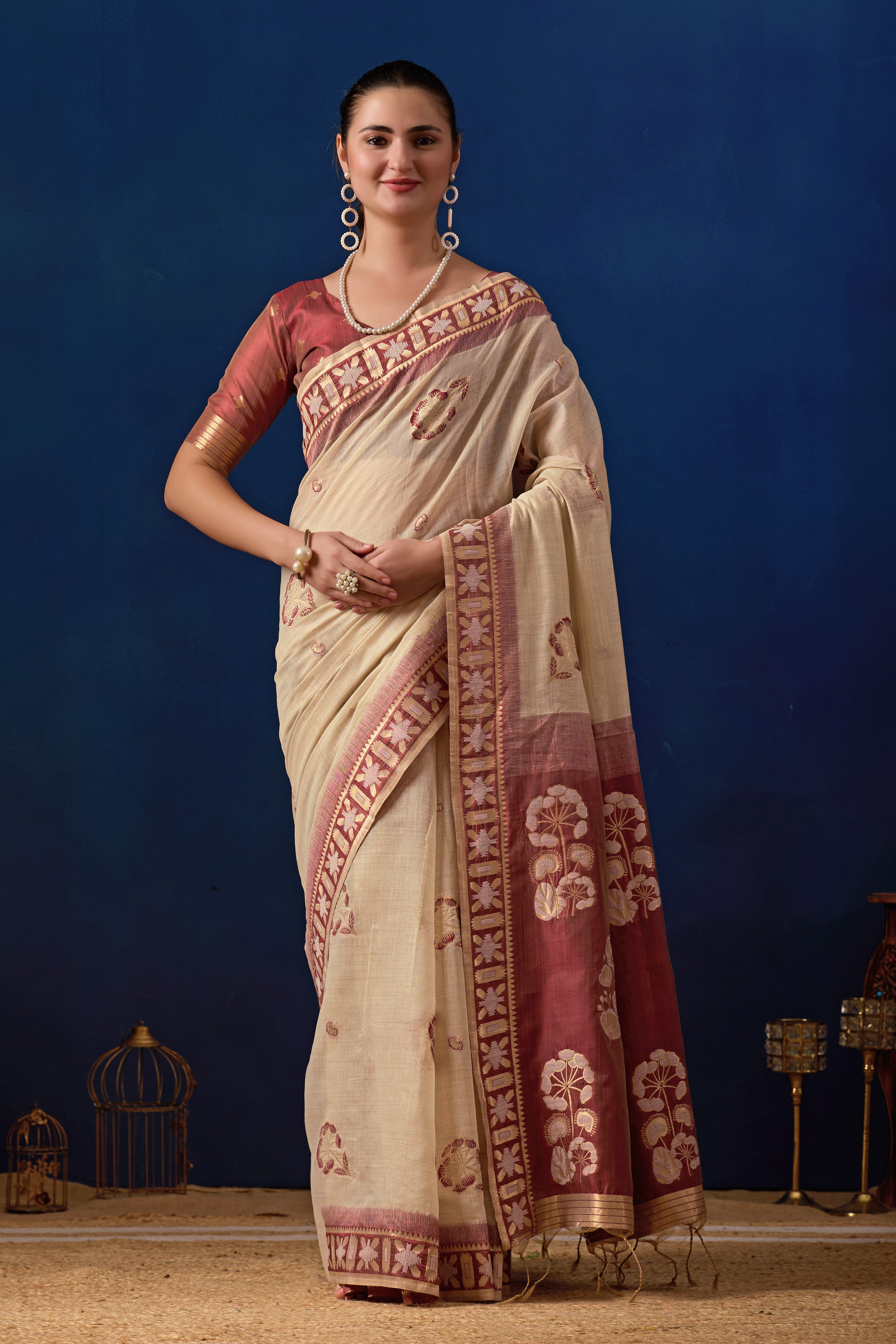 Elegant Cotton Silk Saree in Cream with Maroon Contrast