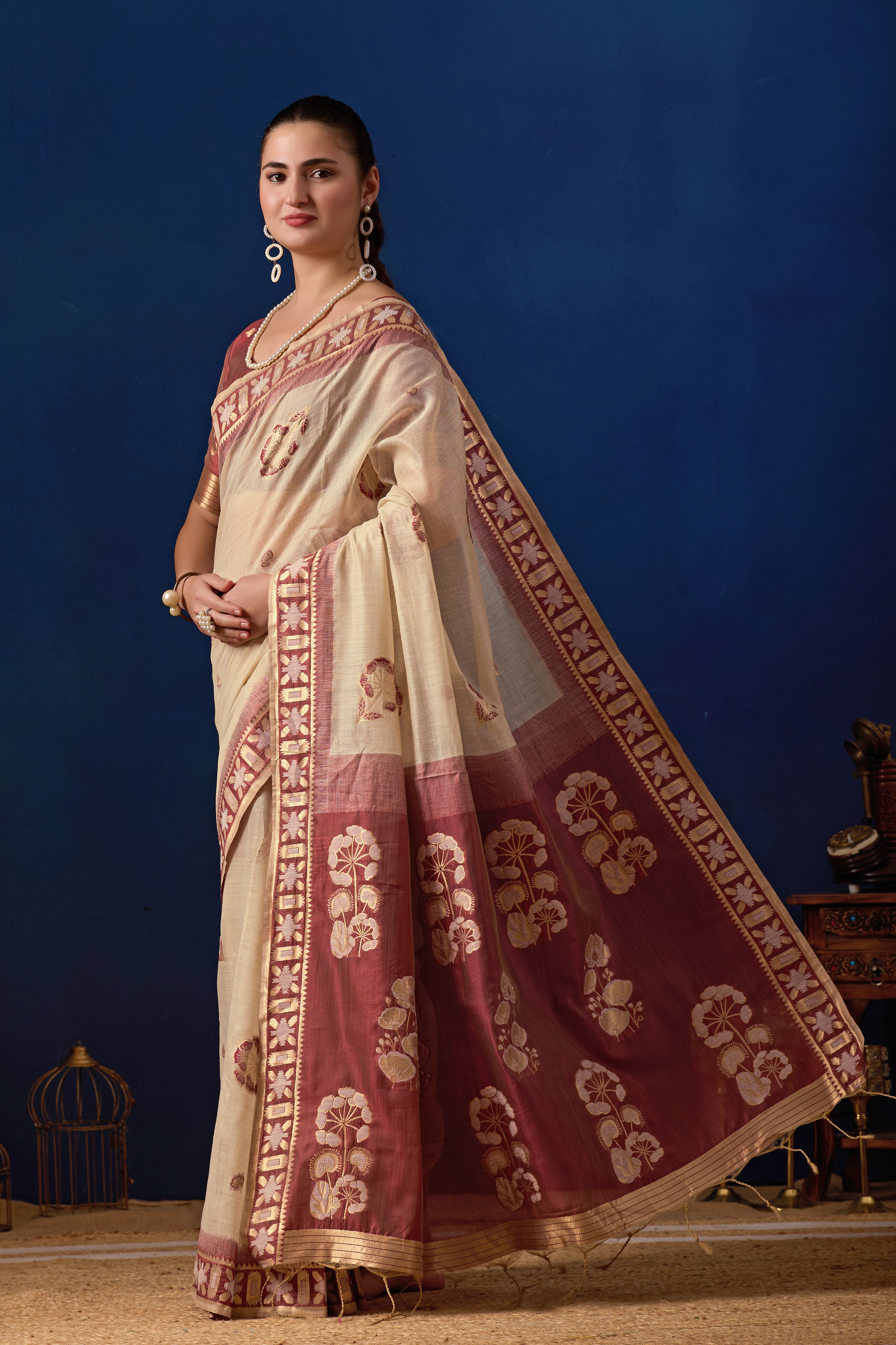 Elegant Cotton Silk Saree in Cream with Maroon Contrast