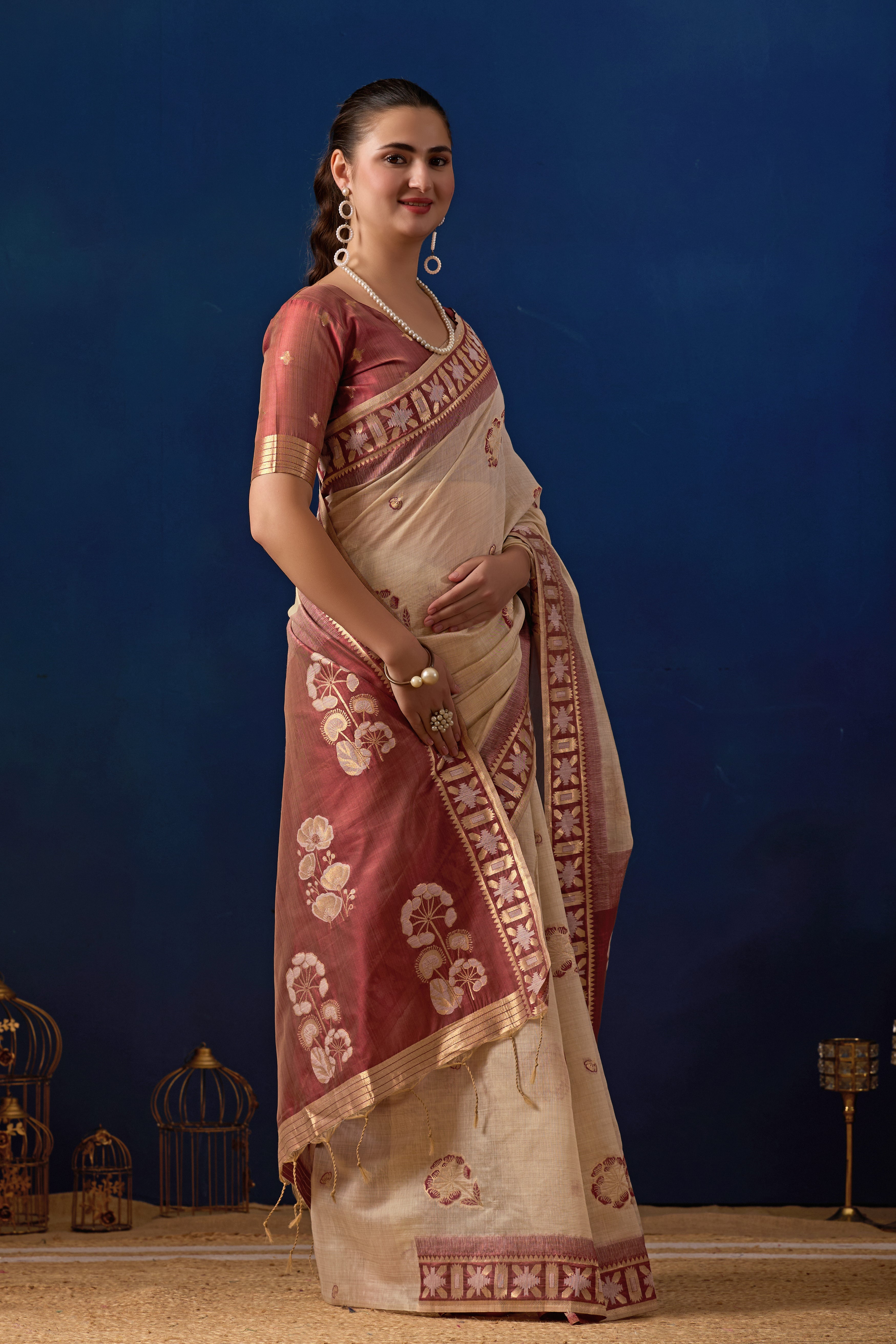 Elegant Cotton Silk Saree in Cream with Maroon Contrast