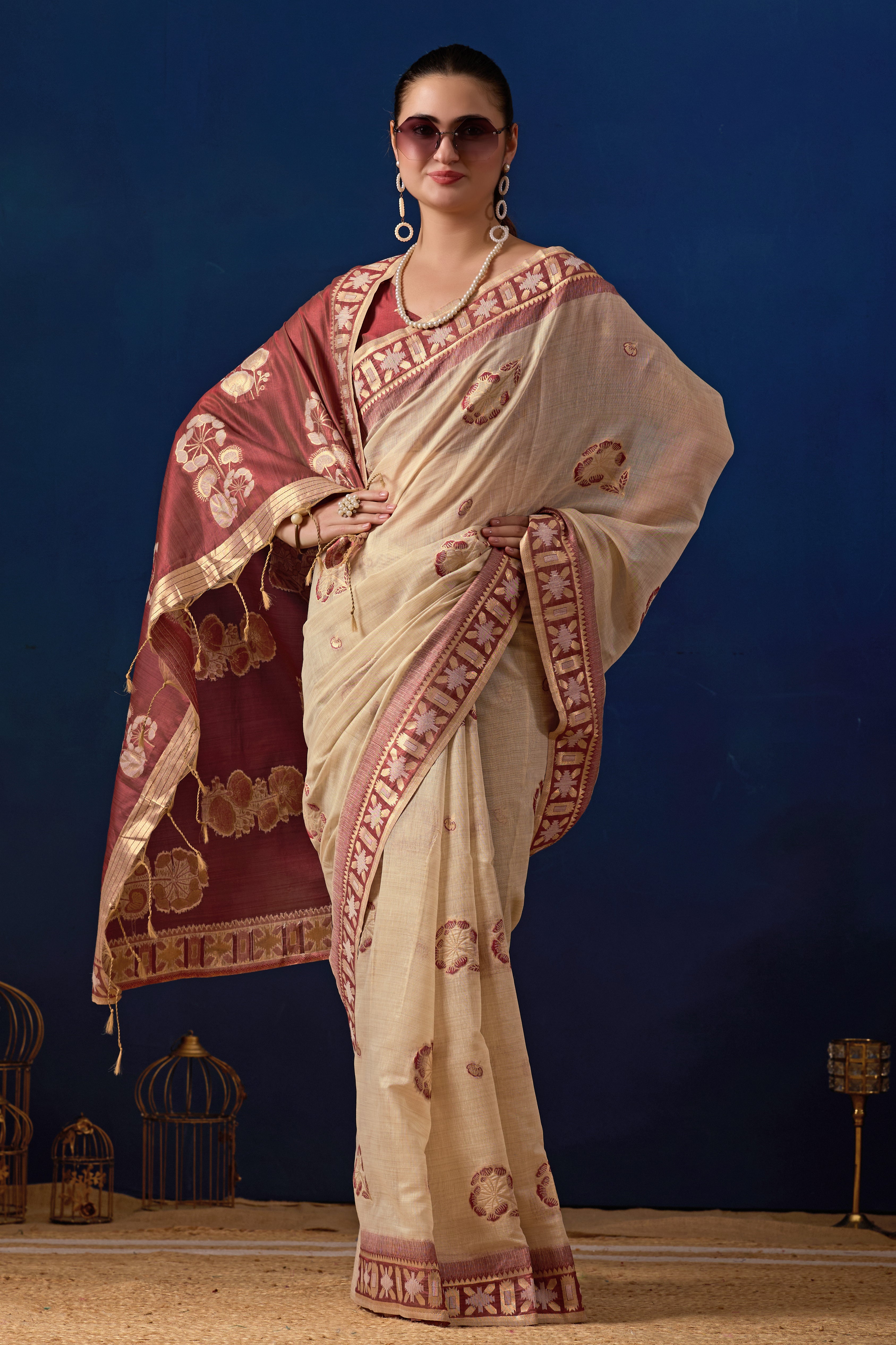 Elegant Cotton Silk Saree in Cream with Maroon Contrast