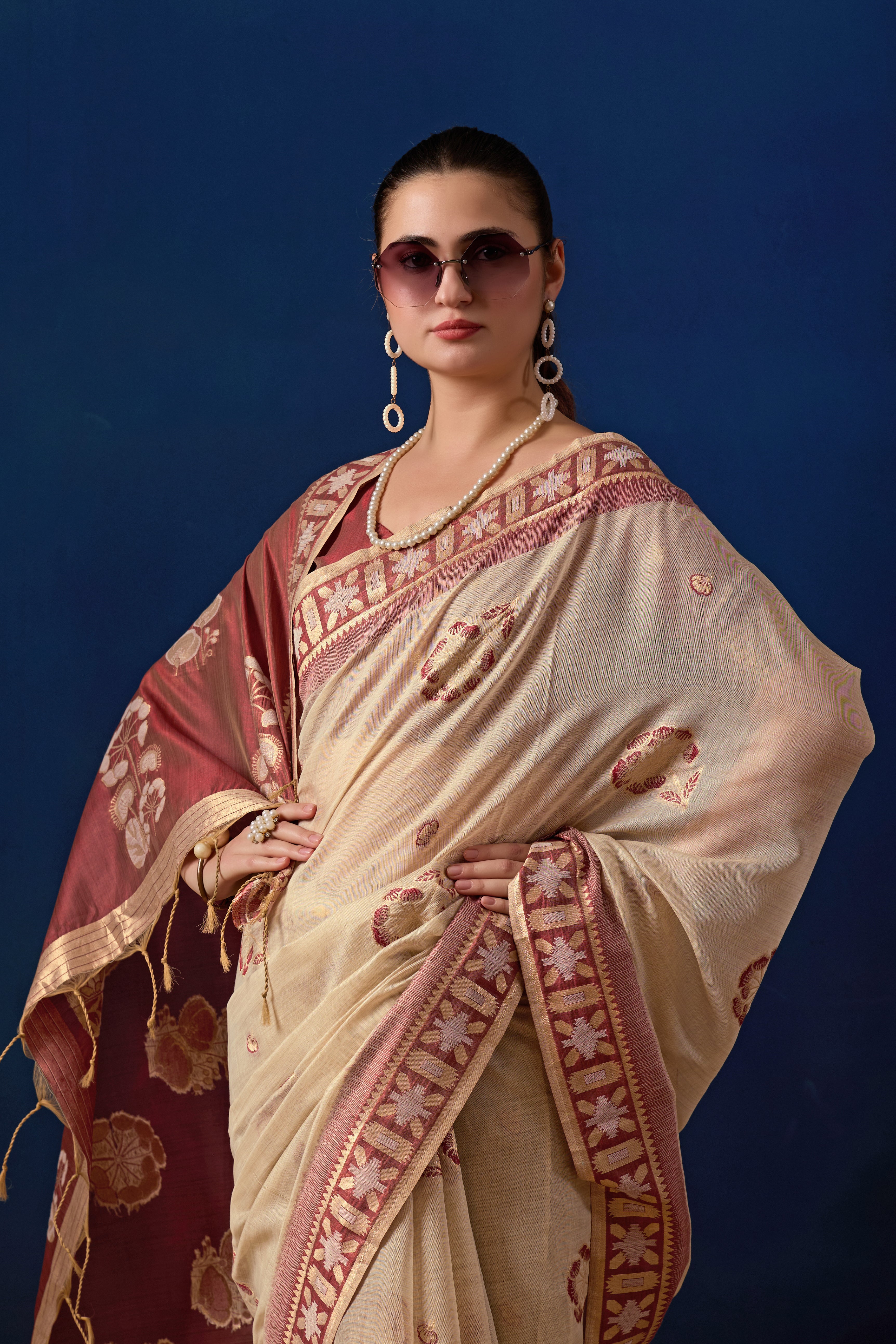 Elegant Cotton Silk Saree in Cream with Maroon Contrast