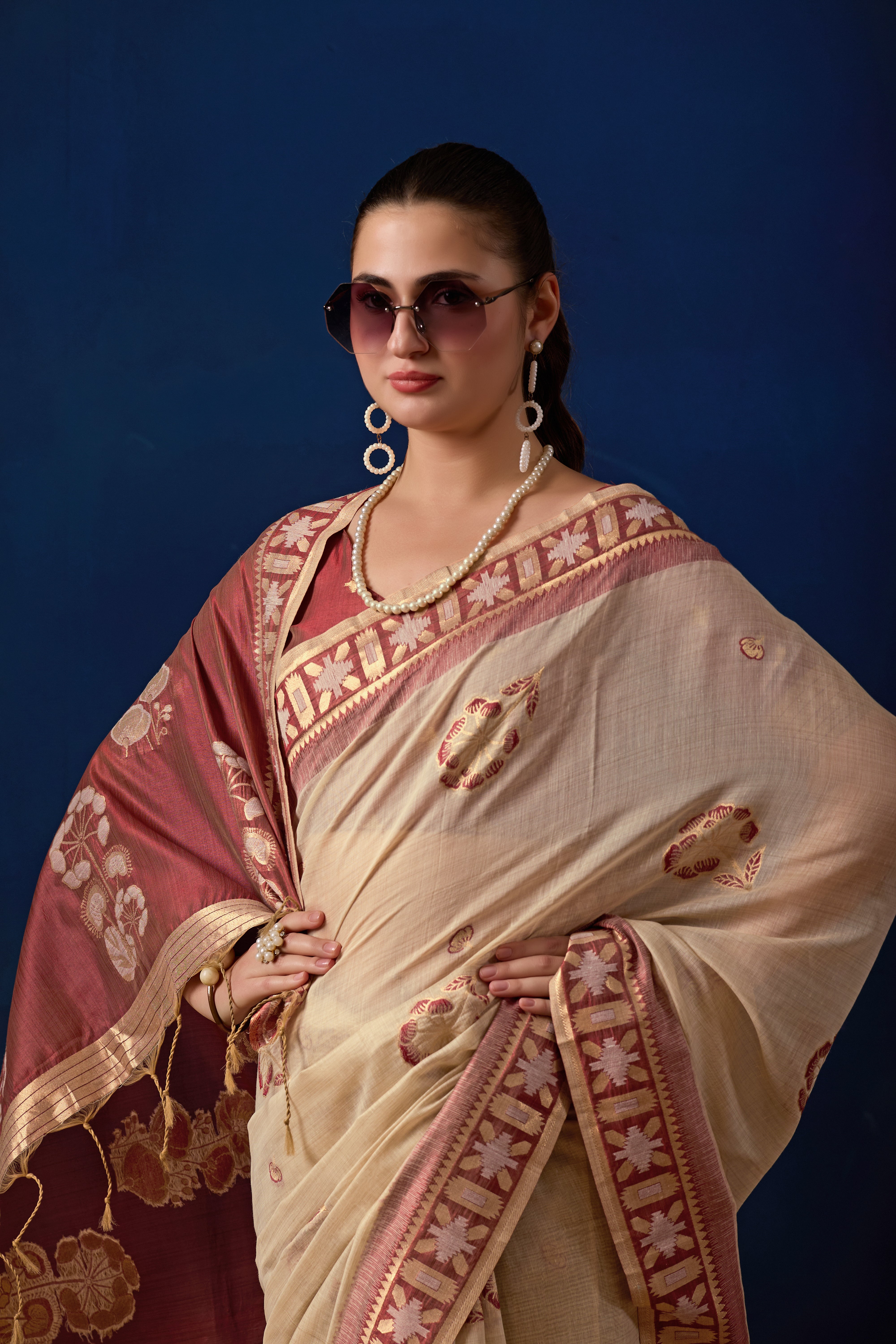 Elegant Cotton Silk Saree in Cream with Maroon Contrast