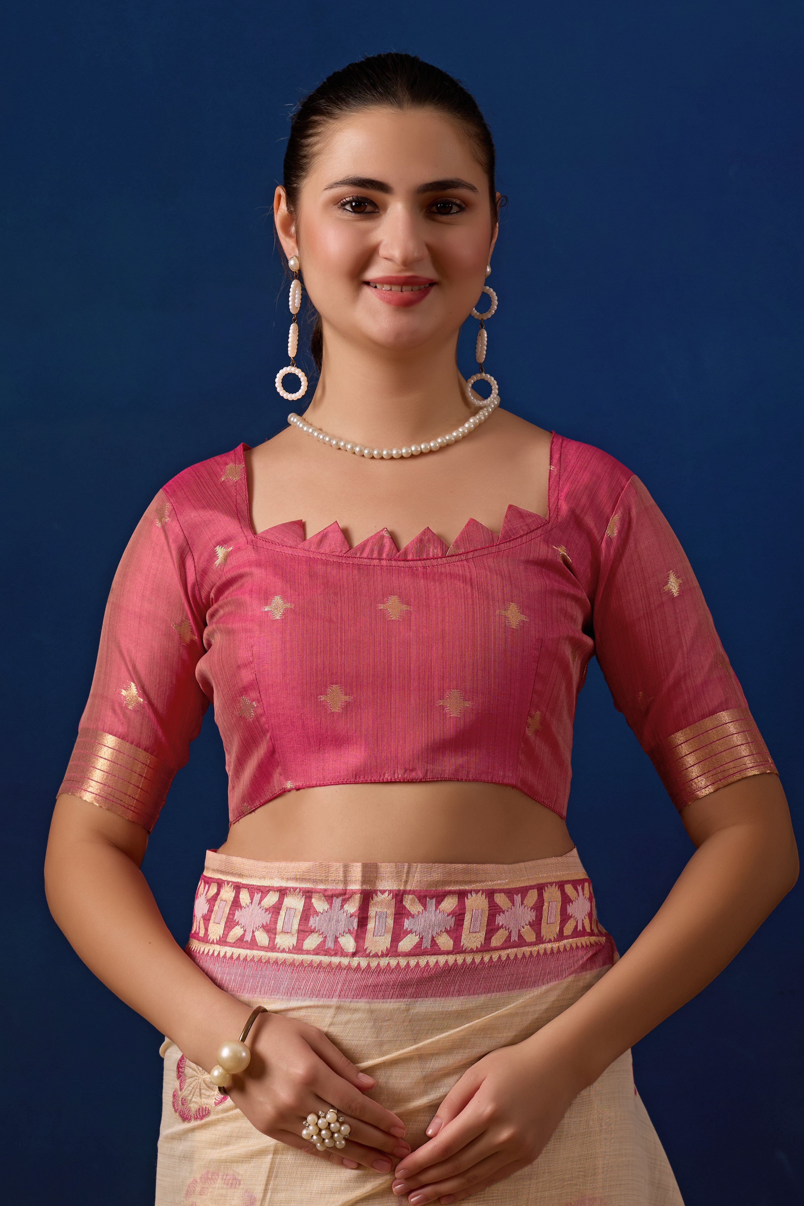 Elegant Cotton Silk Saree in Cream with Pink Contrast