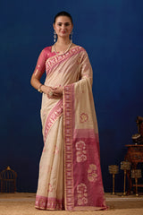Elegant Cotton Silk Saree in Cream with Pink Contrast