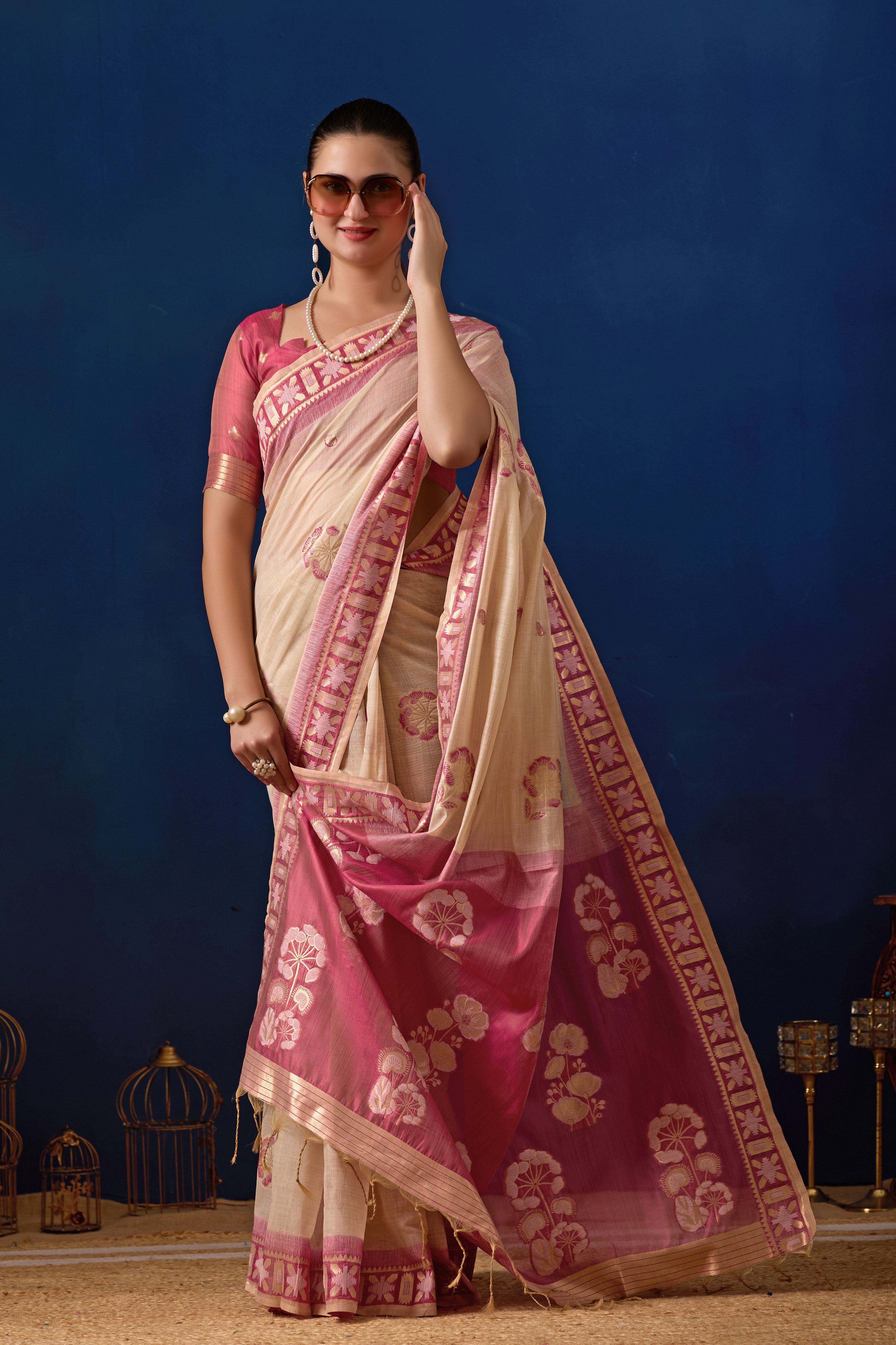 Elegant Cotton Silk Saree in Cream with Pink Contrast