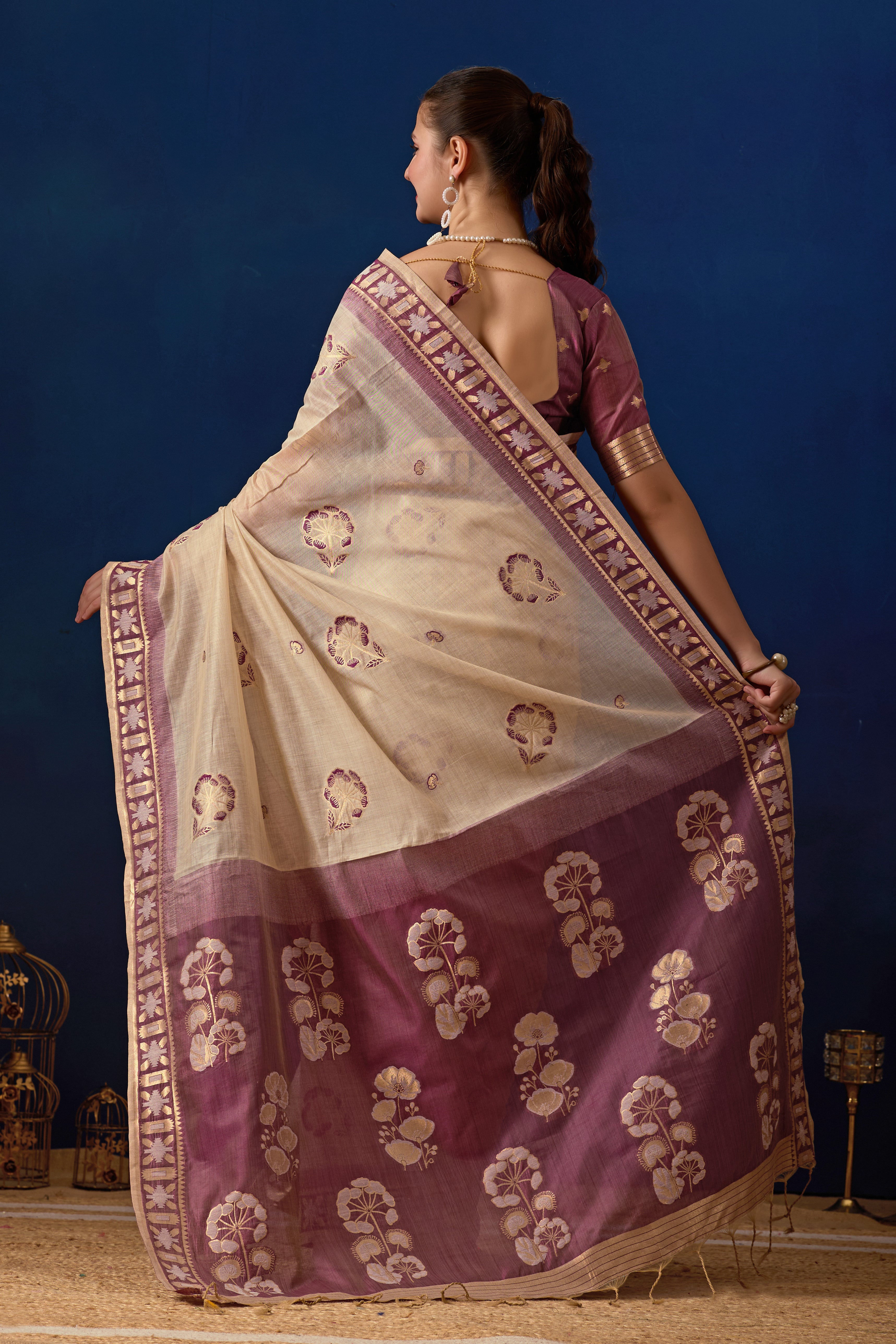 Elegant Cotton Silk Saree in Cream with Wine Contrast