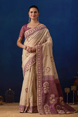 Elegant Cotton Silk Saree in Cream with Wine Contrast