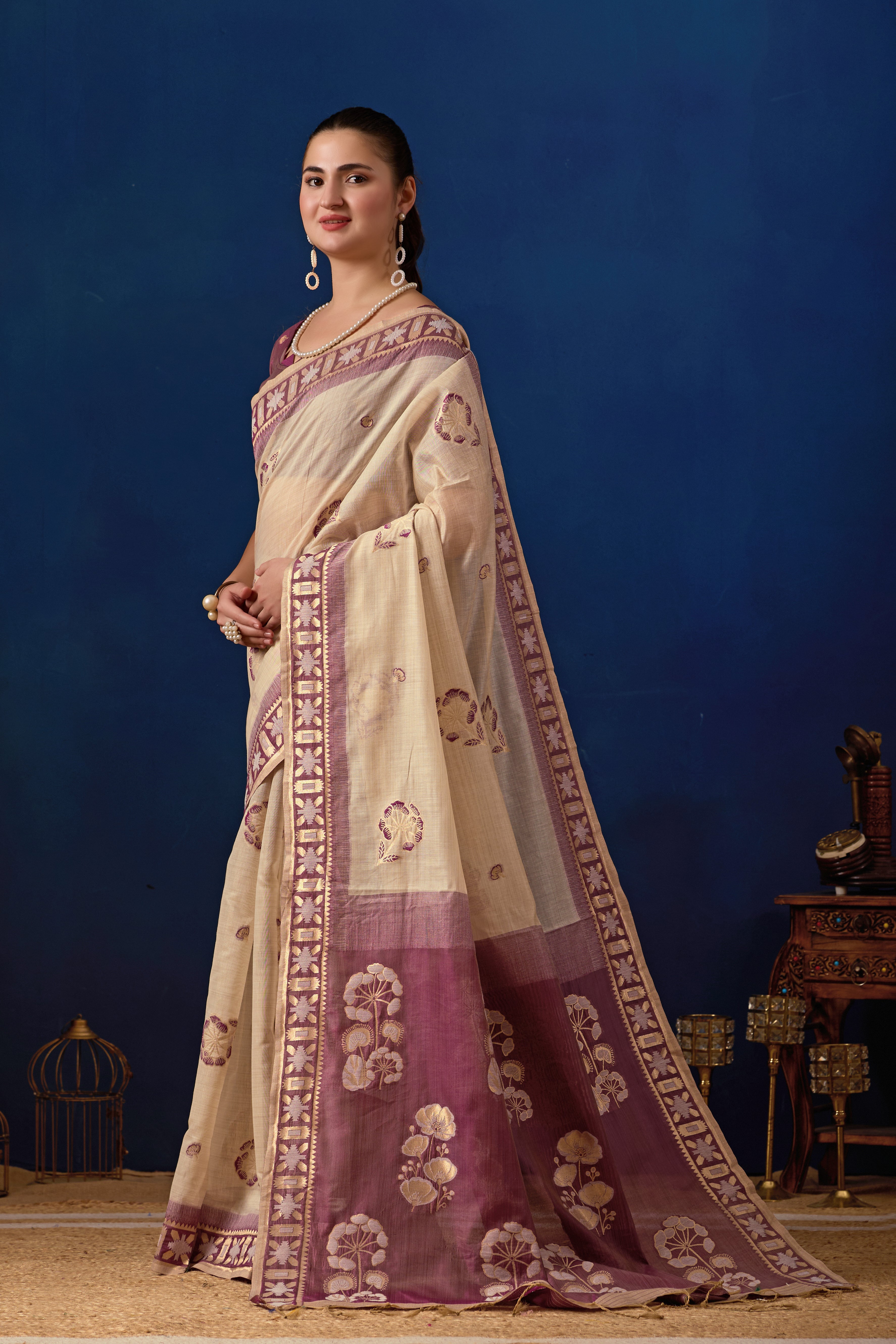 Elegant Cotton Silk Saree in Cream with Wine Contrast