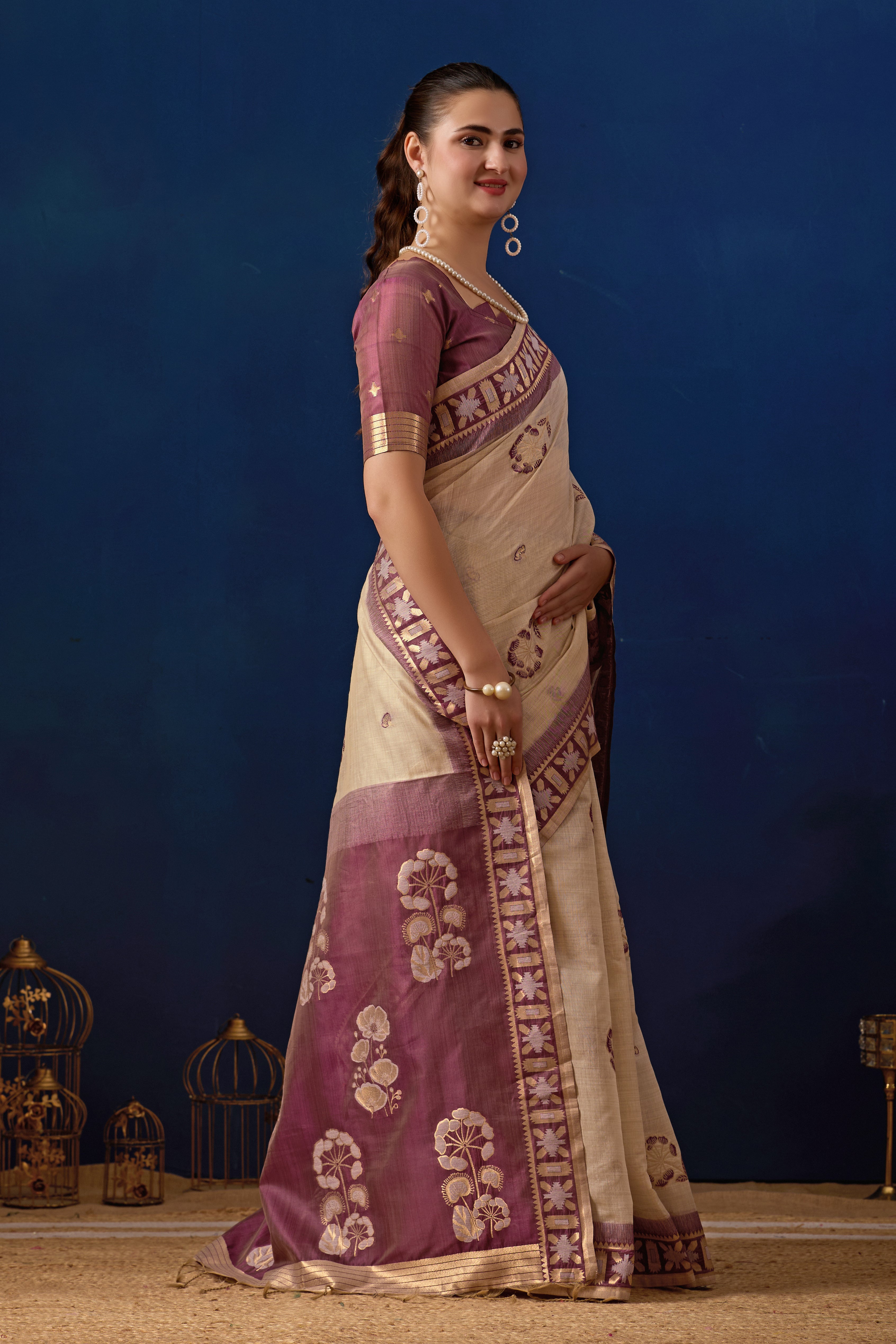Elegant Cotton Silk Saree in Cream with Wine Contrast