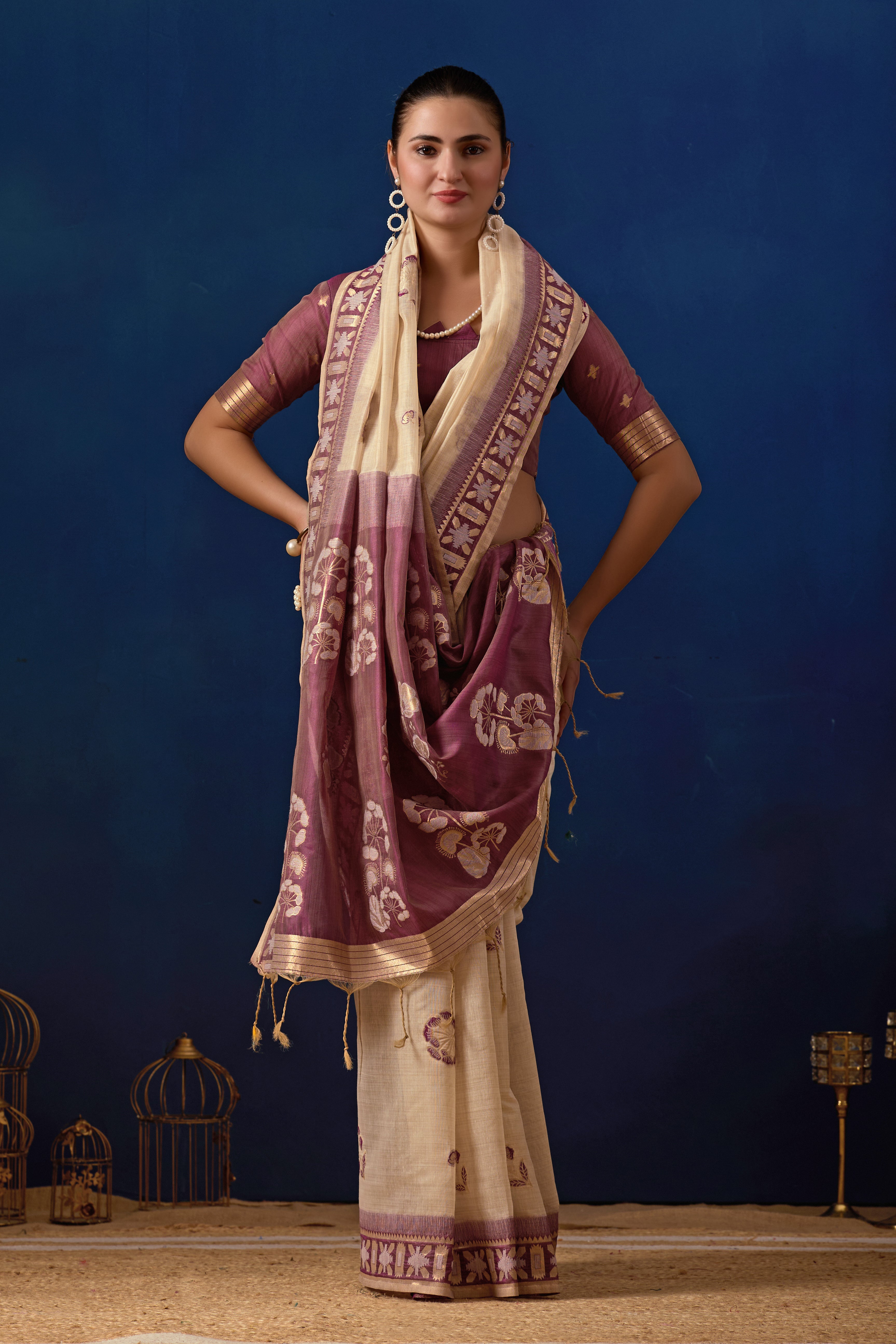 Elegant Cotton Silk Saree in Cream with Wine Contrast