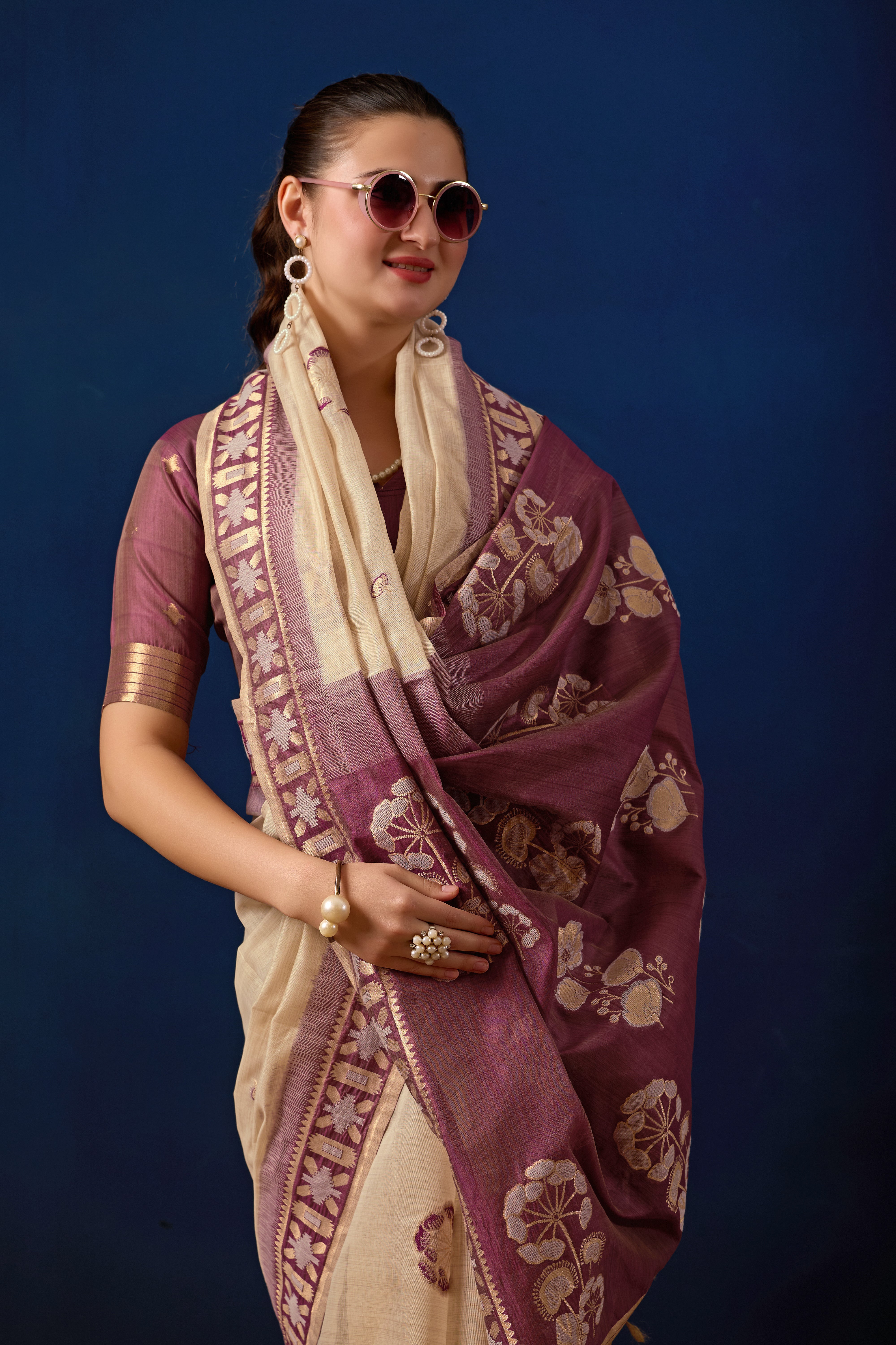 Elegant Cotton Silk Saree in Cream with Wine Contrast