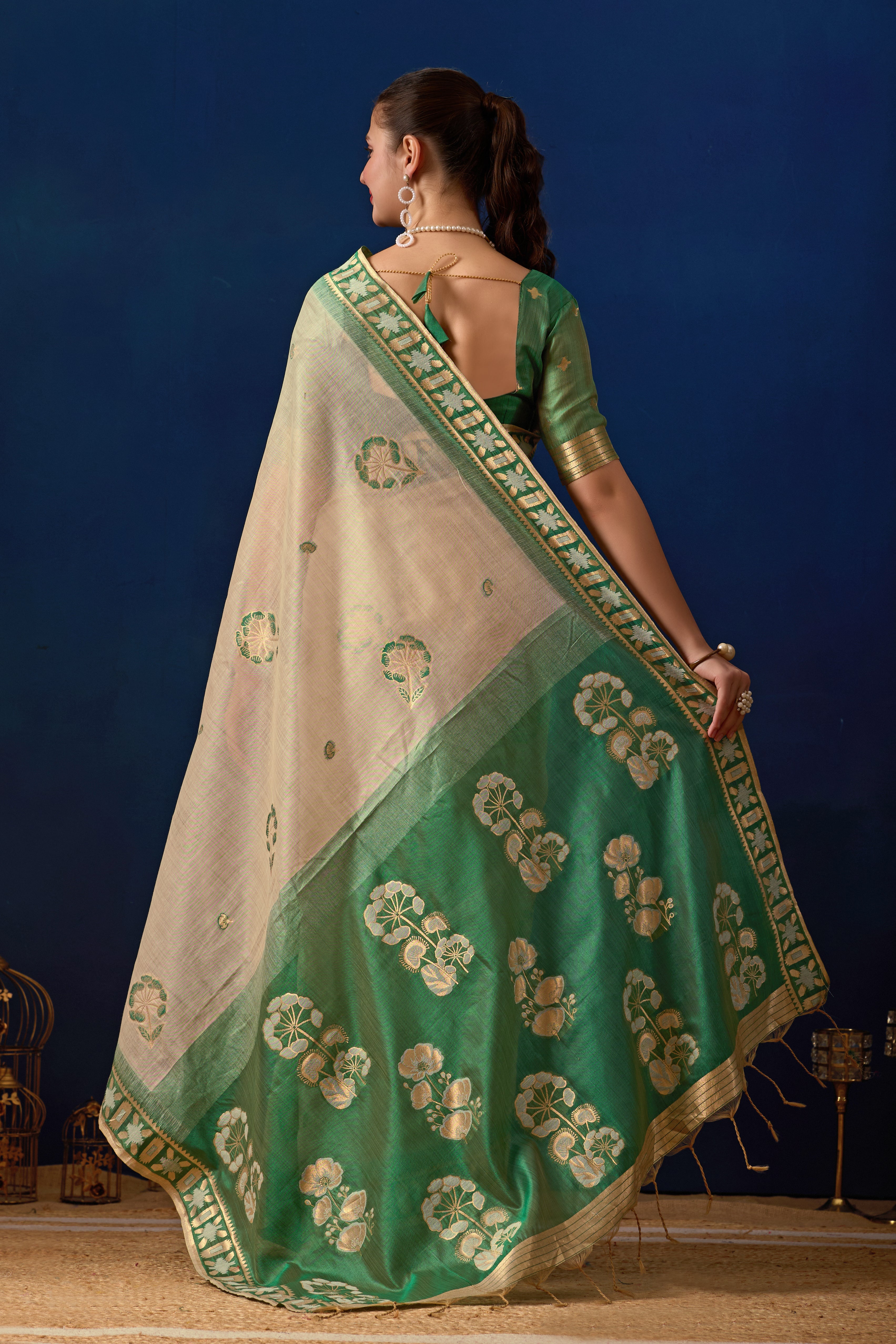 Elegant Cotton Silk Saree in Cream with Green Contrast