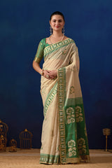 Elegant Cotton Silk Saree in Cream with Green Contrast