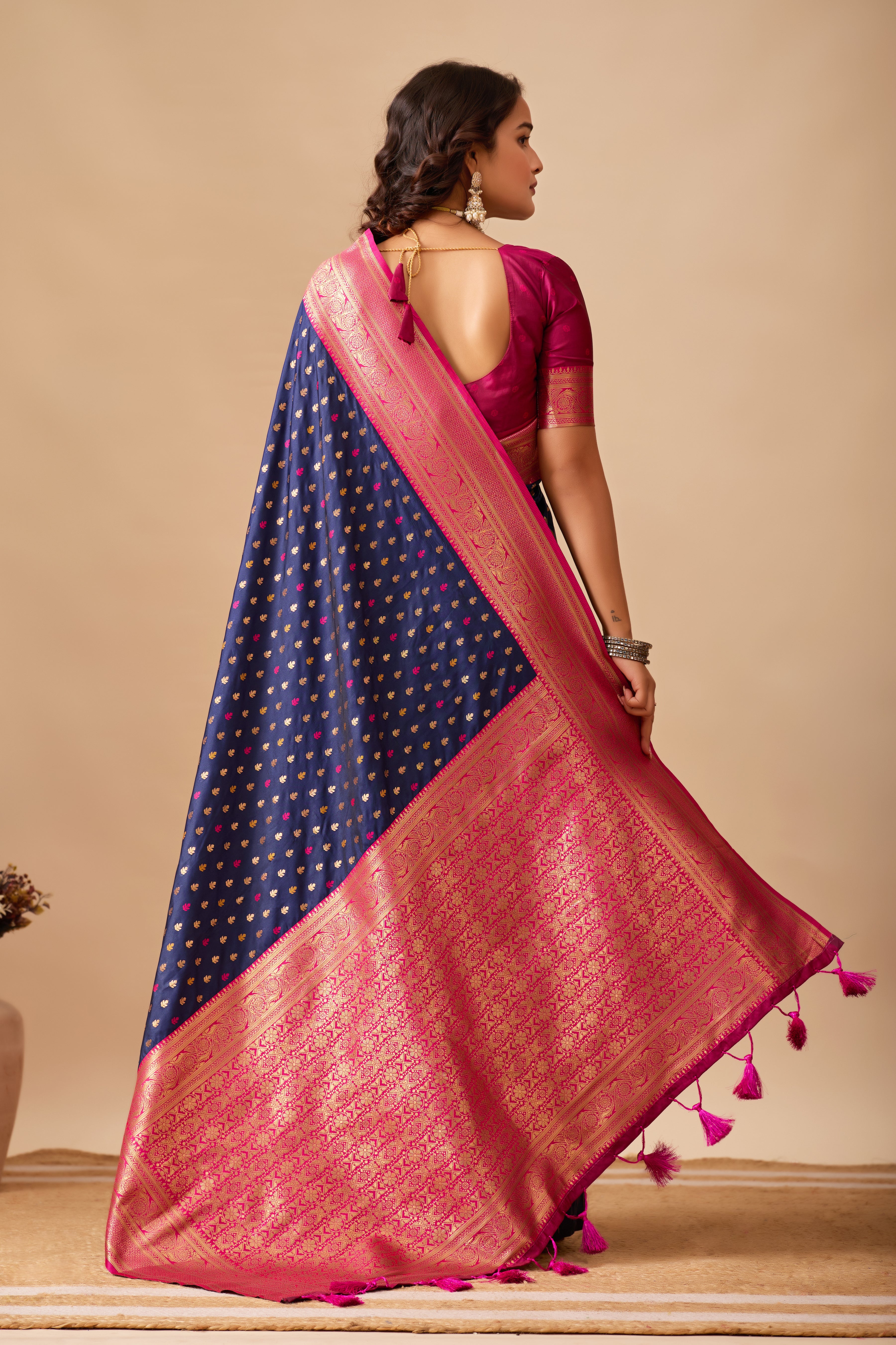 Enchanted Weaves Banarasi Silk Saree in Navy Blue & Rani Tones