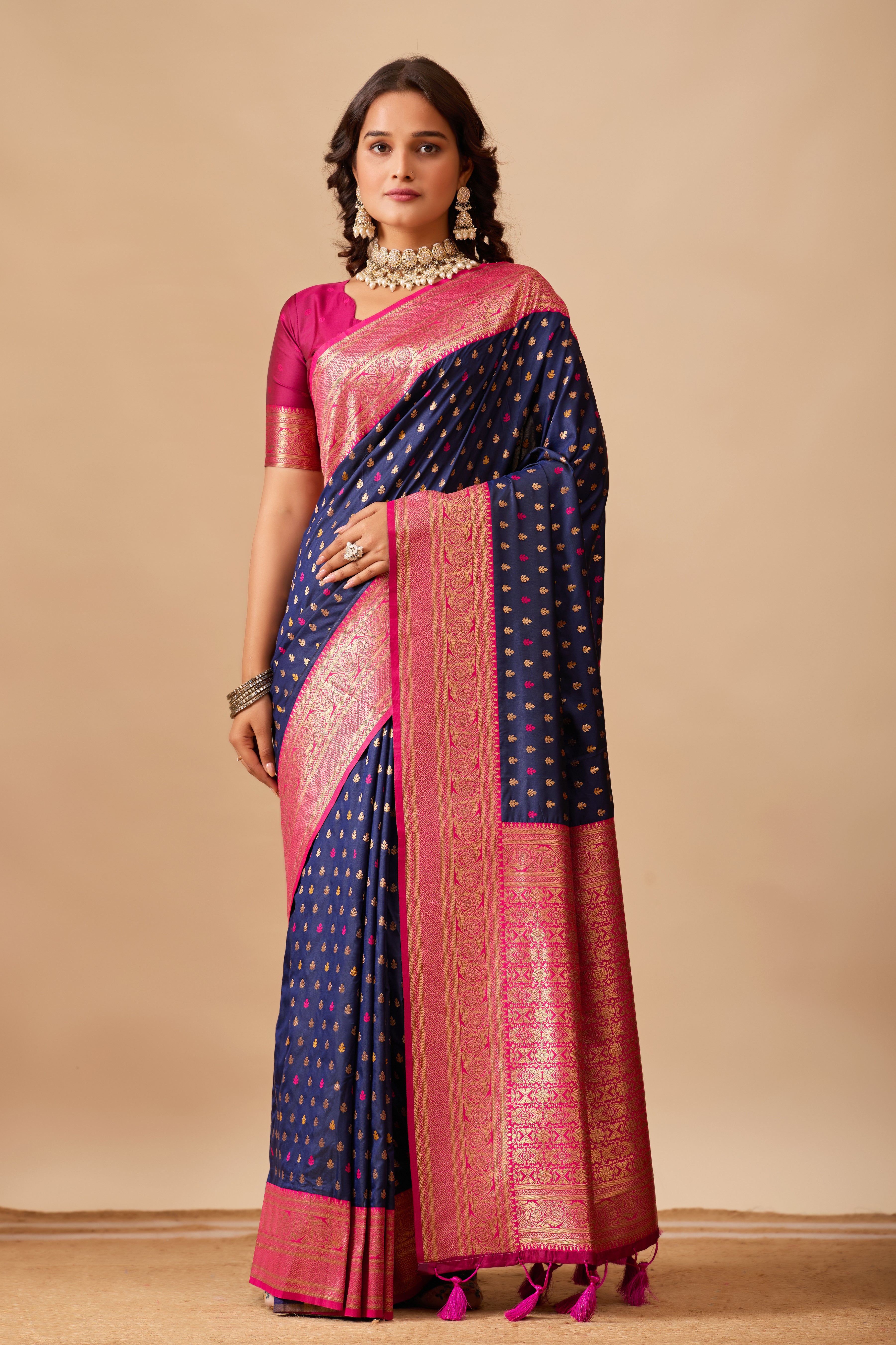 Enchanted Weaves Banarasi Silk Saree in Navy Blue & Rani Tones