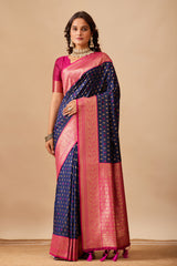 Enchanted Weaves Banarasi Silk Saree in navy blue & dark rani Tones