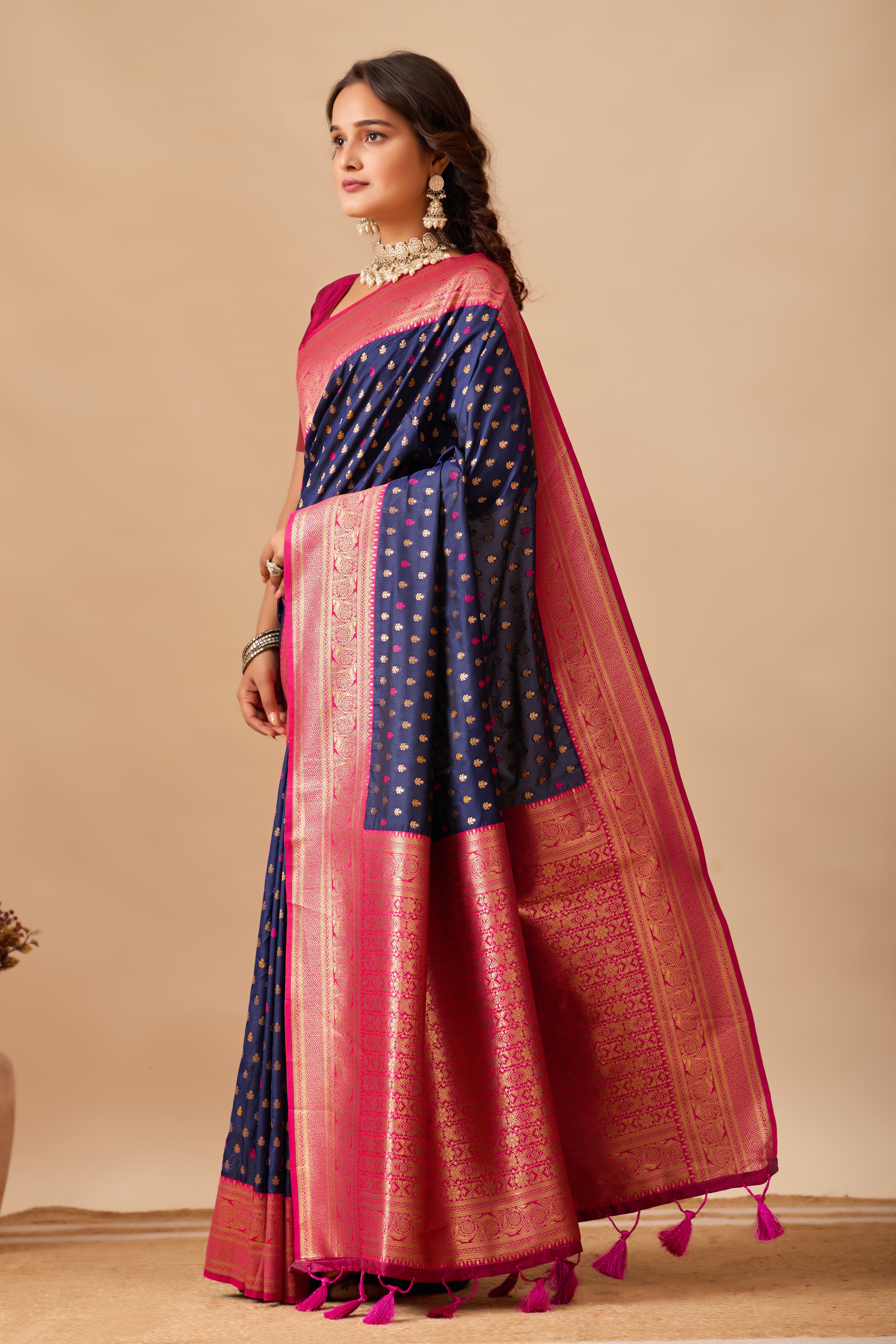 Enchanted Weaves Banarasi Silk Saree in Navy Blue & Rani Tones