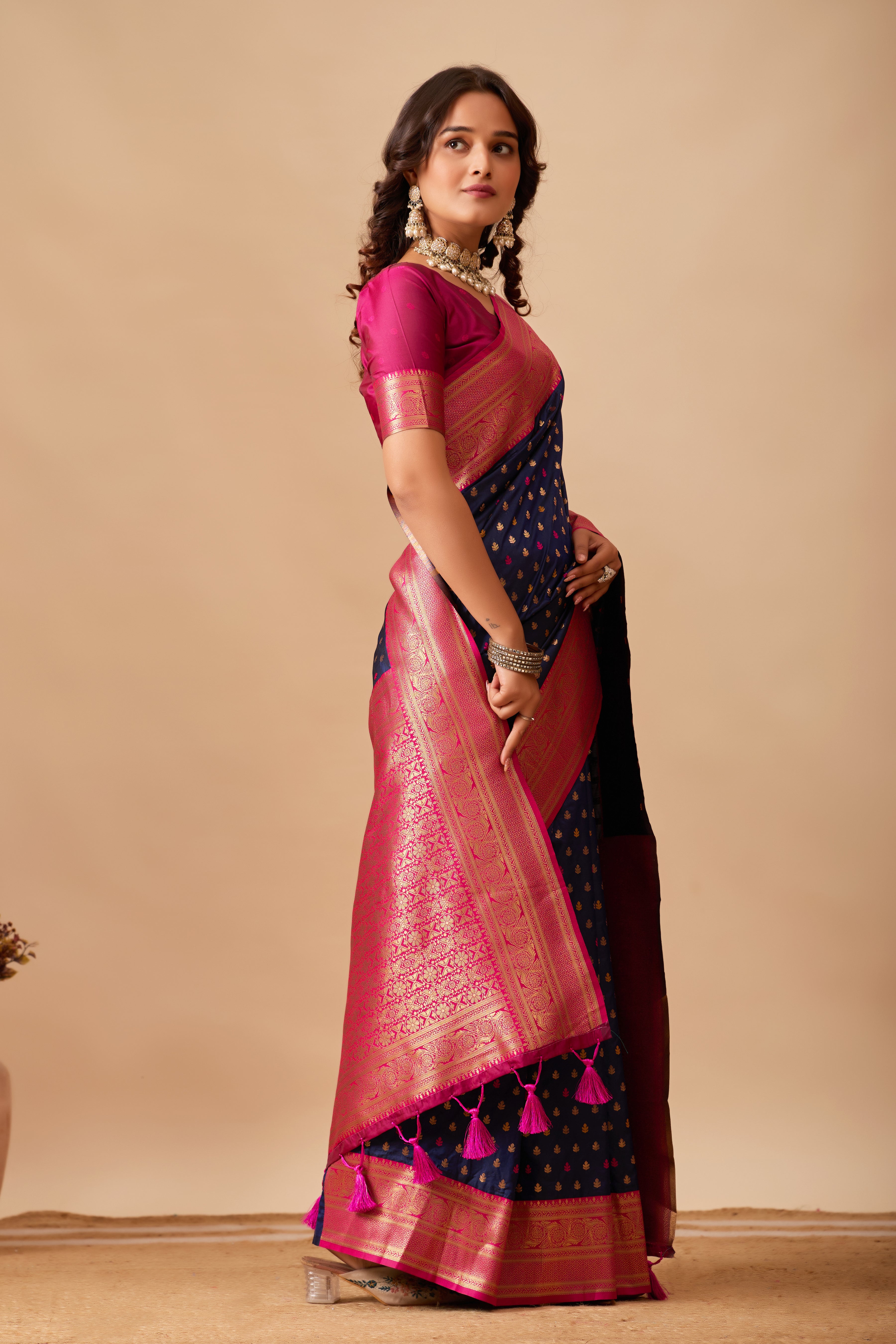 Enchanted Weaves Banarasi Silk Saree in navy blue & dark rani Tones