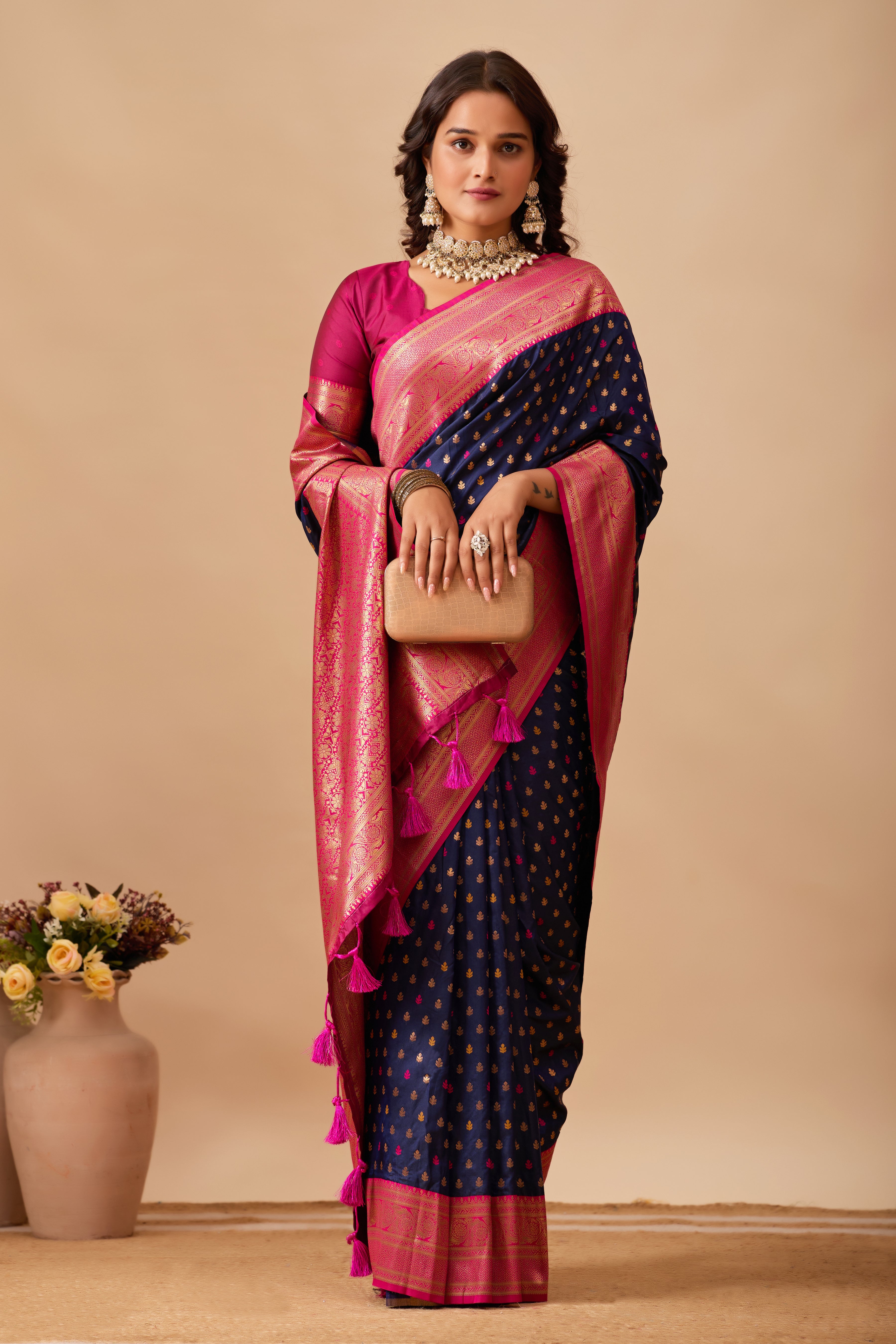 Enchanted Weaves Banarasi Silk Saree in navy blue & dark rani Tones