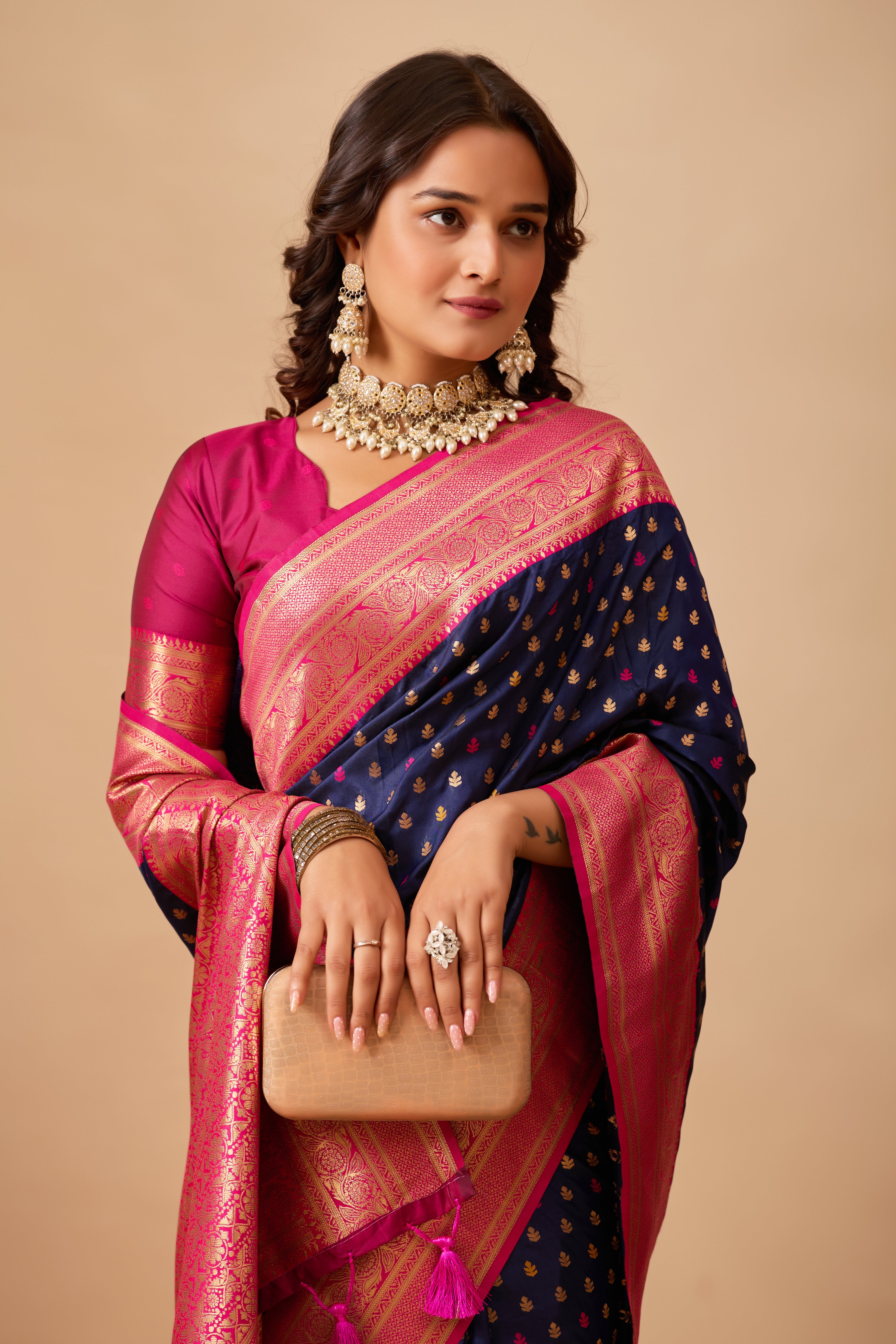 Enchanted Weaves Banarasi Silk Saree in Navy Blue & Rani Tones