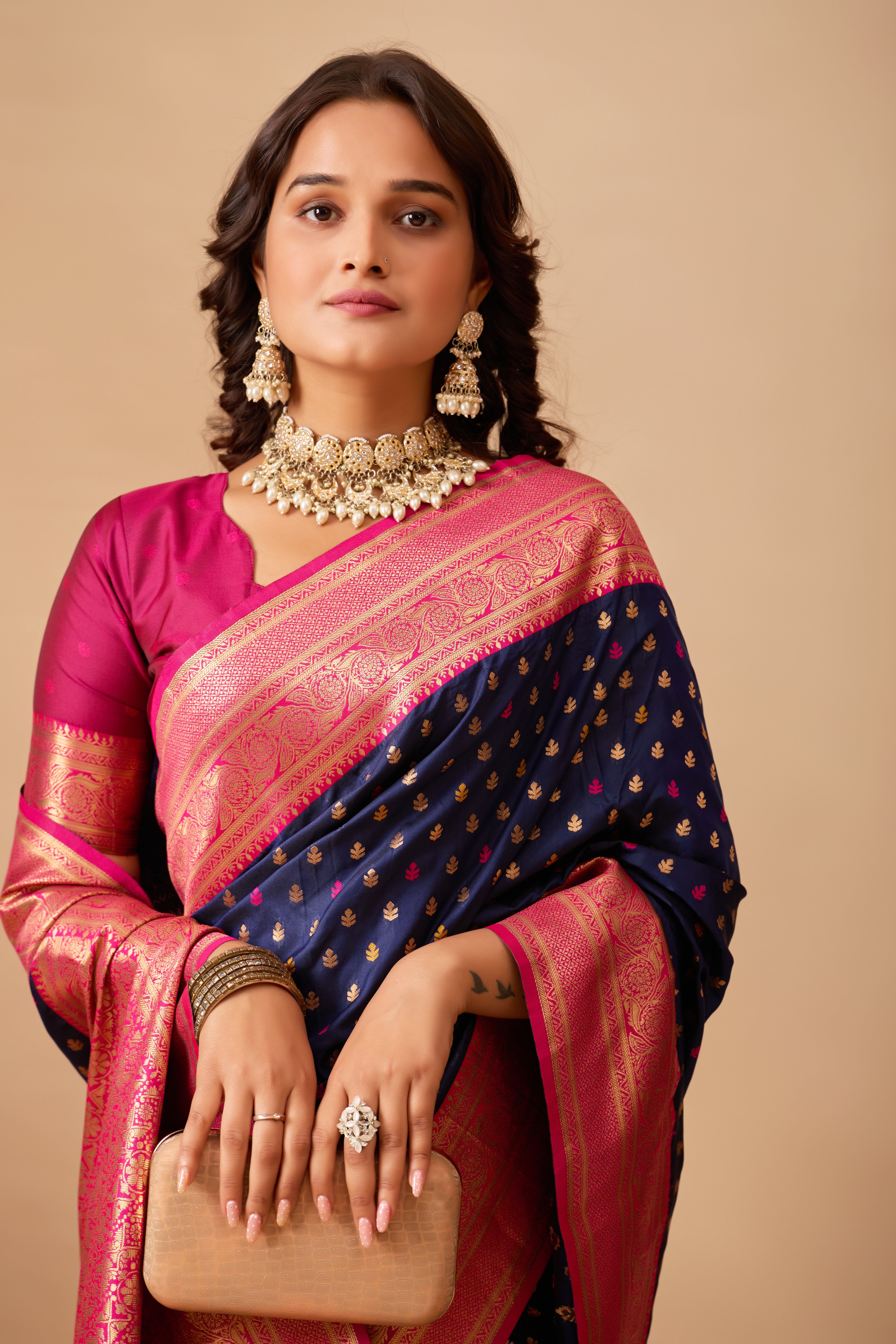 Enchanted Weaves Banarasi Silk Saree in Navy Blue & Rani Tones