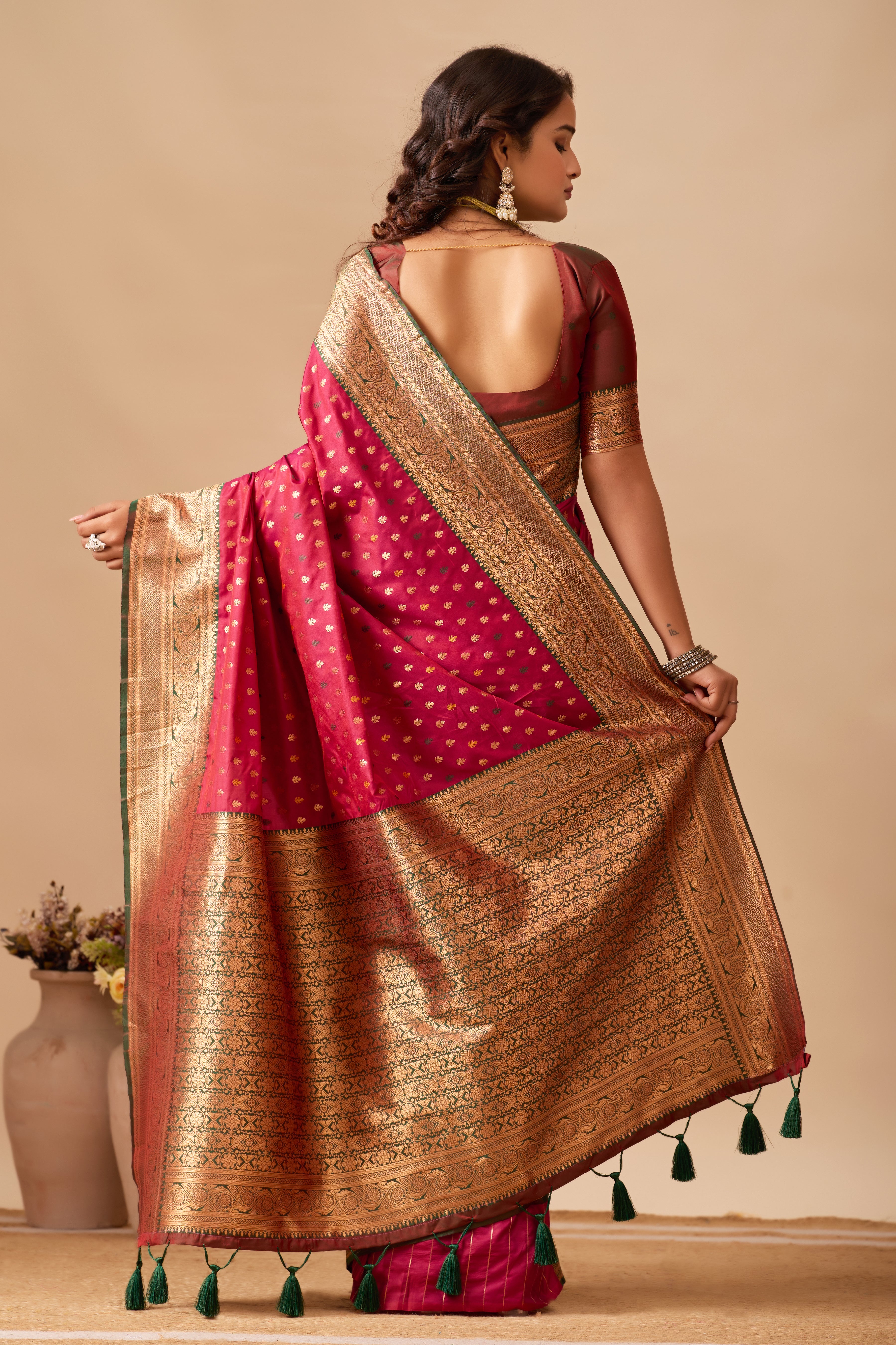 Enchanted Weaves Banarasi Silk Saree in Wine & Bottle Green Tones