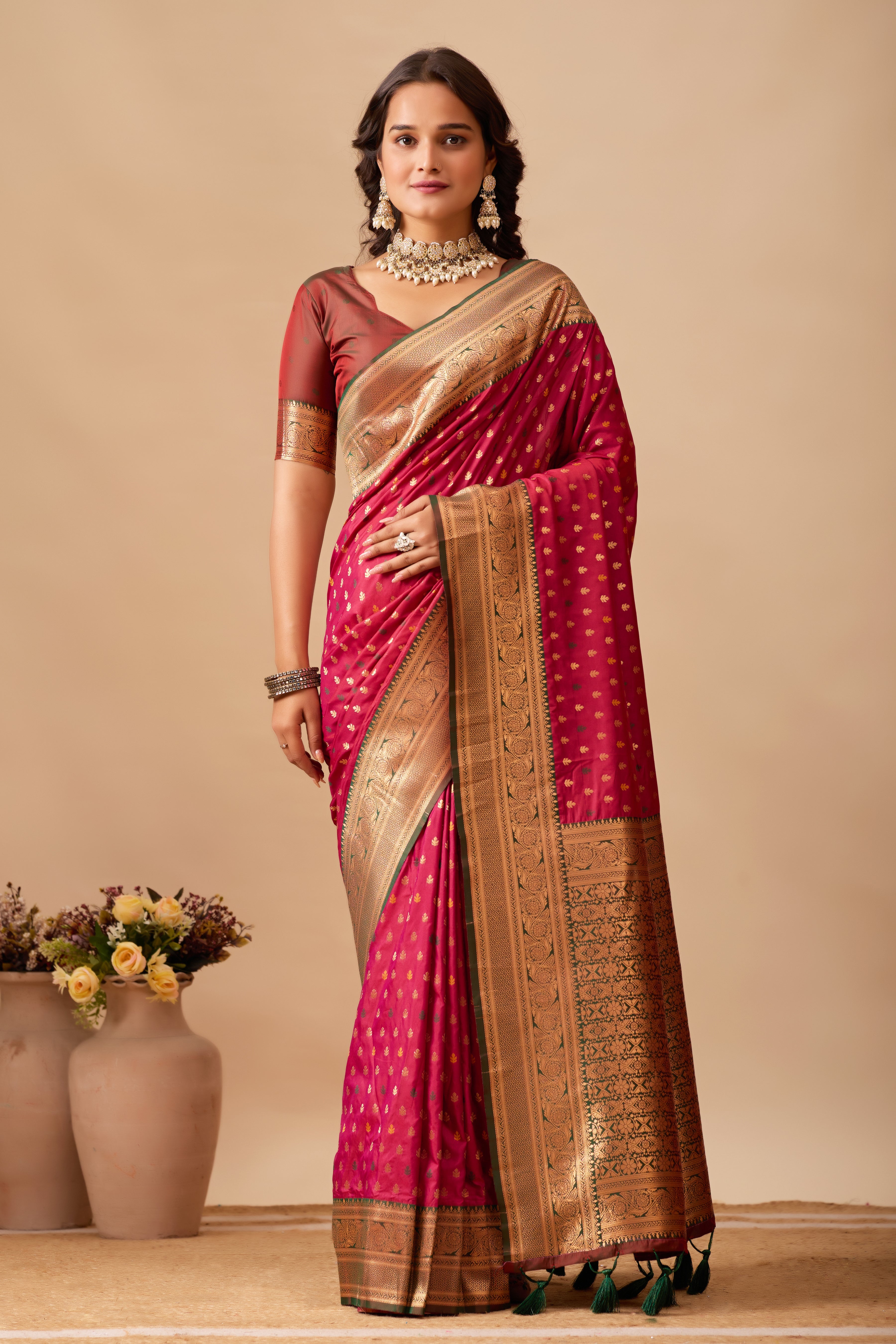 Enchanted Weaves Banarasi Silk Saree in Wine & Bottle Green Tones