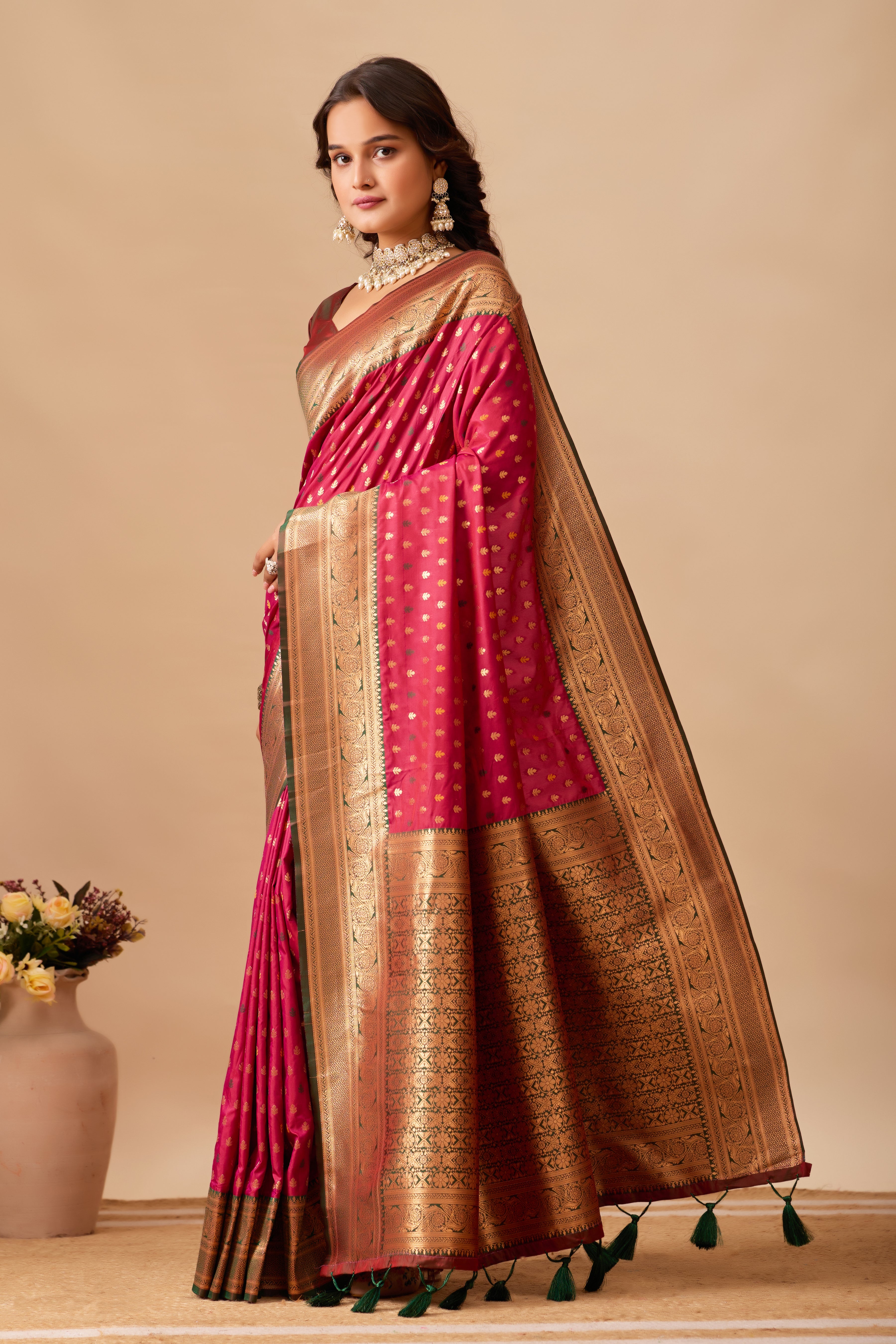 Enchanted Weaves Banarasi Silk Saree in Wine & Bottle Green Tones