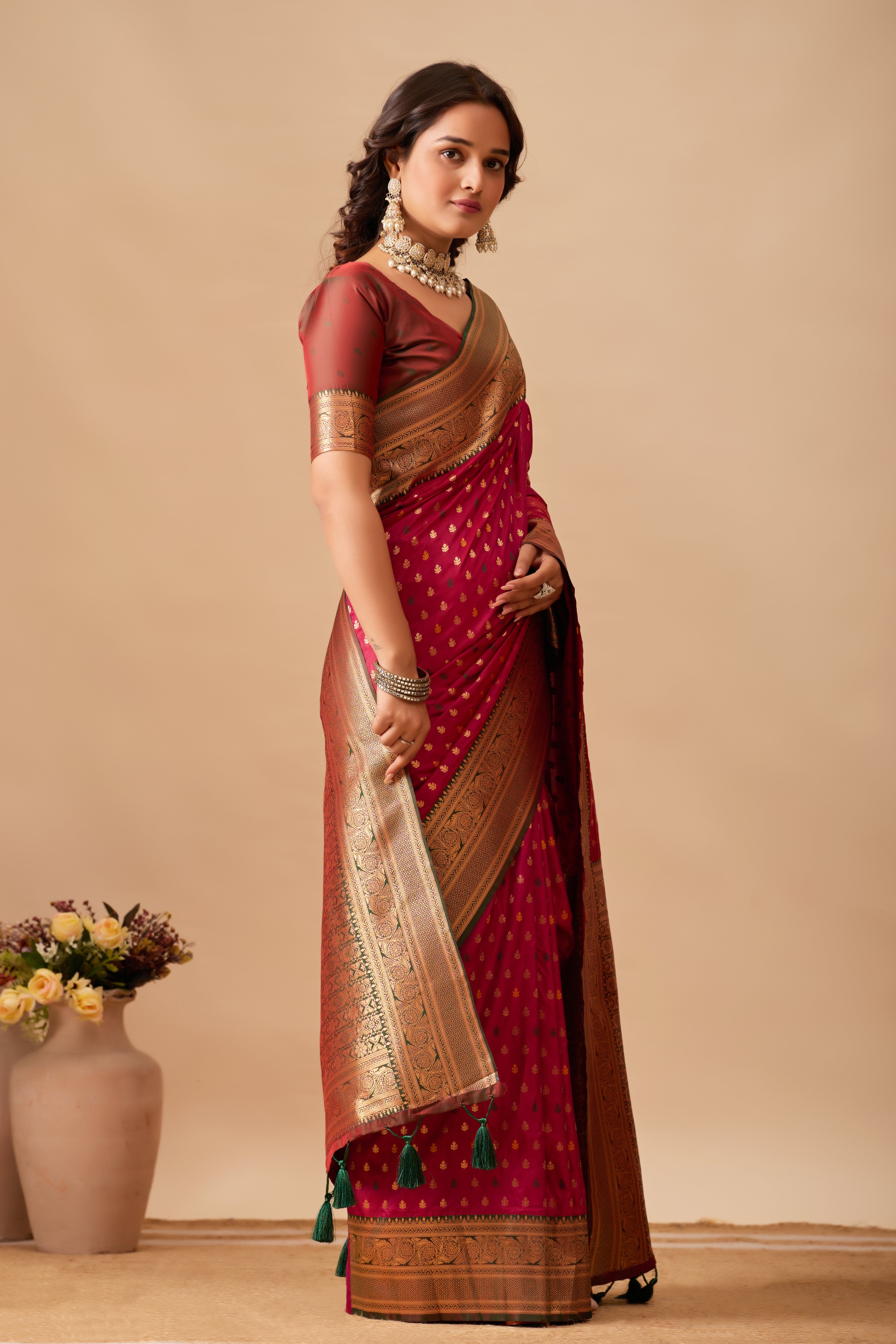 Enchanted Weaves Banarasi Silk Saree in Wine & Bottle Green Tones