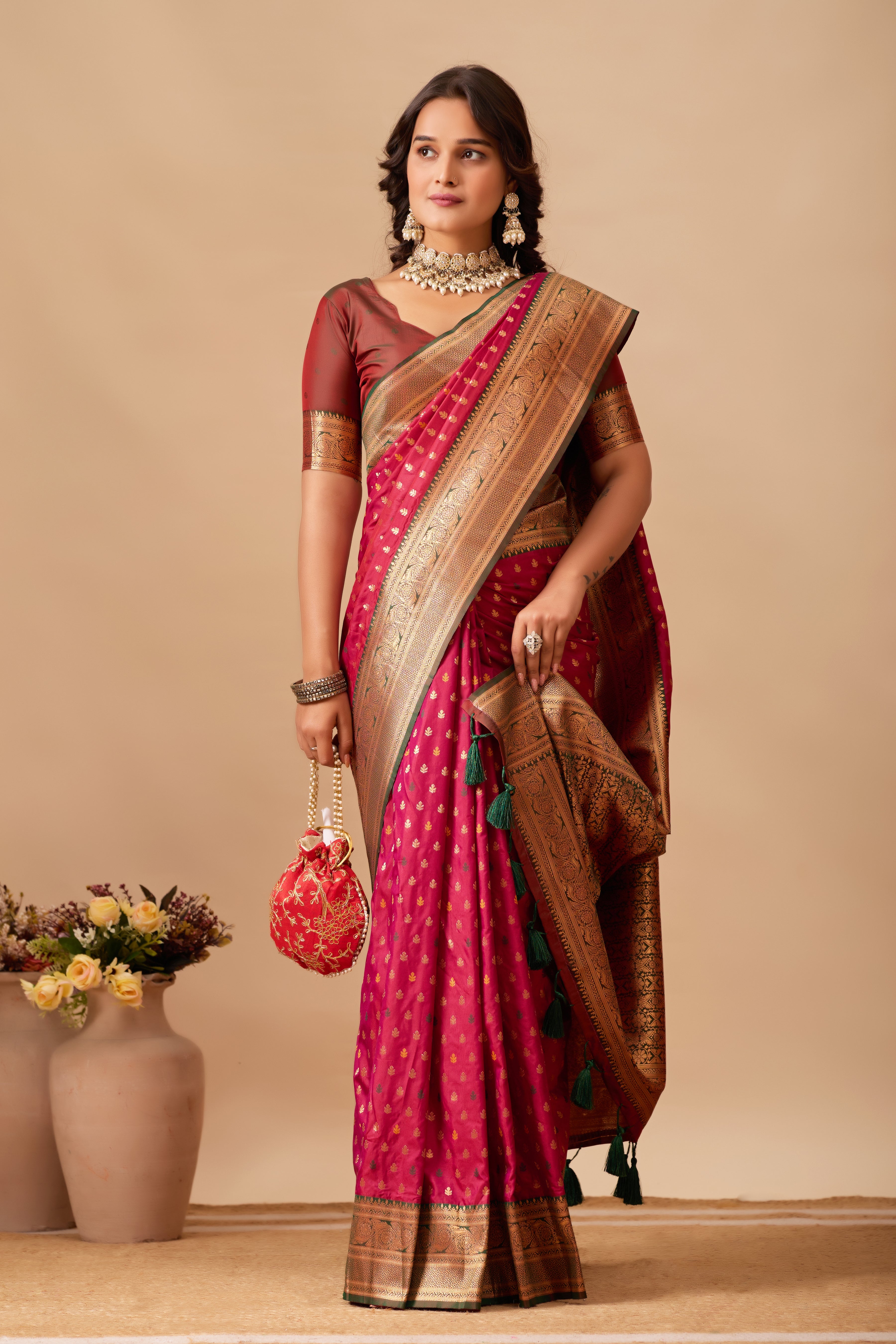 Enchanted Weaves Banarasi Silk Saree in Wine & Bottle Green Tones