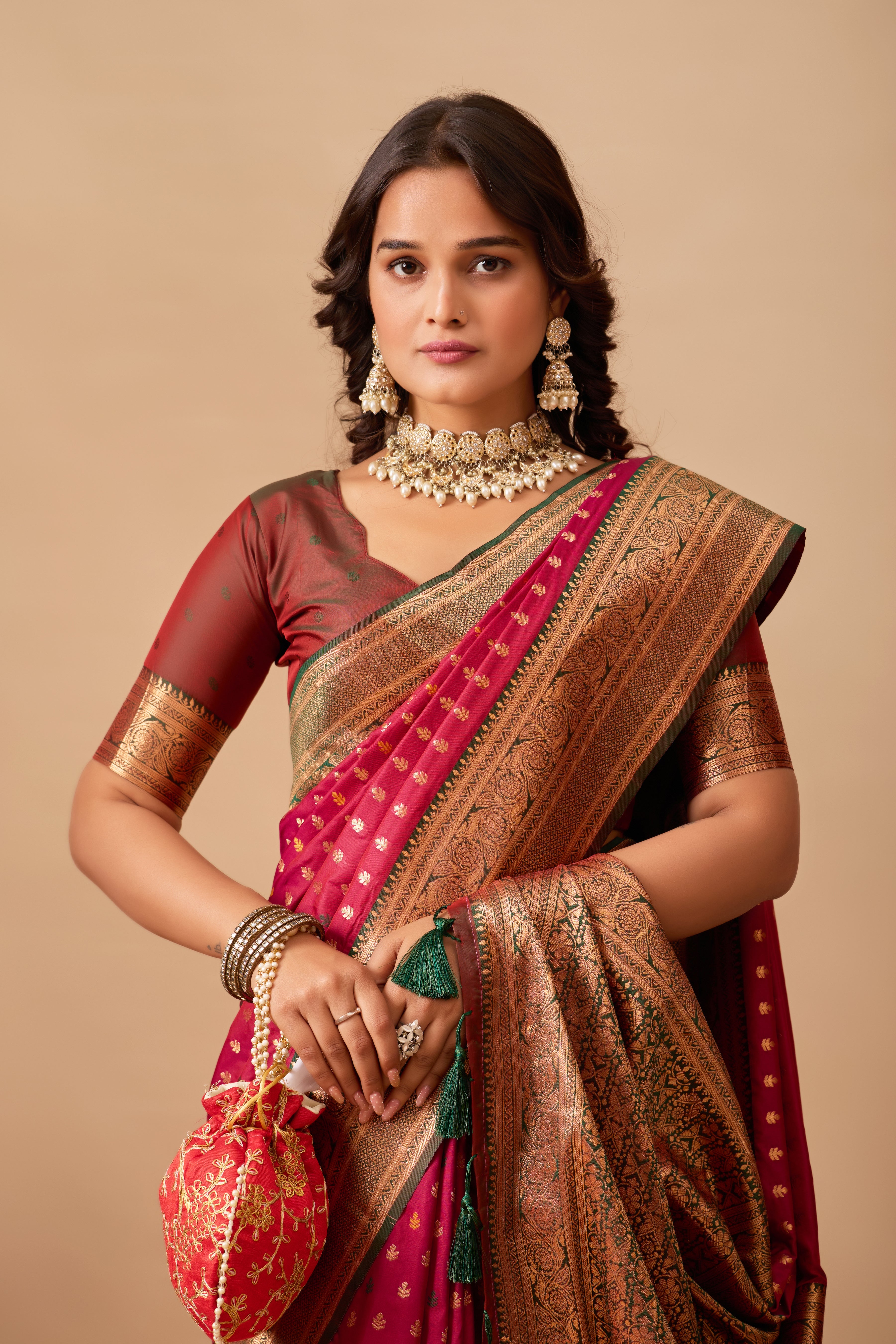 Enchanted Weaves Banarasi Silk Saree in Wine & Bottle Green Tones