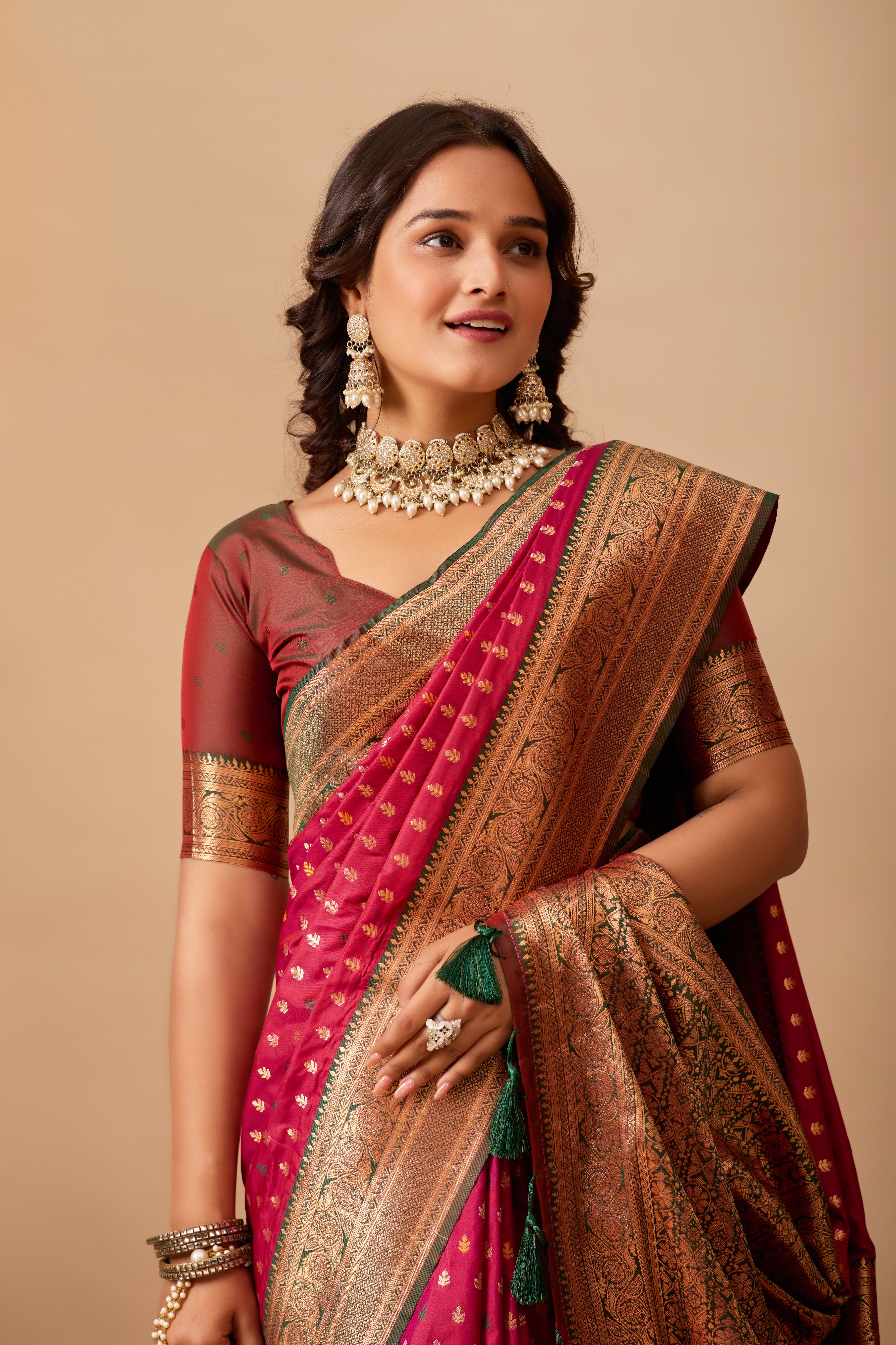 Enchanted Weaves Banarasi Silk Saree in Wine & Bottle Green Tones