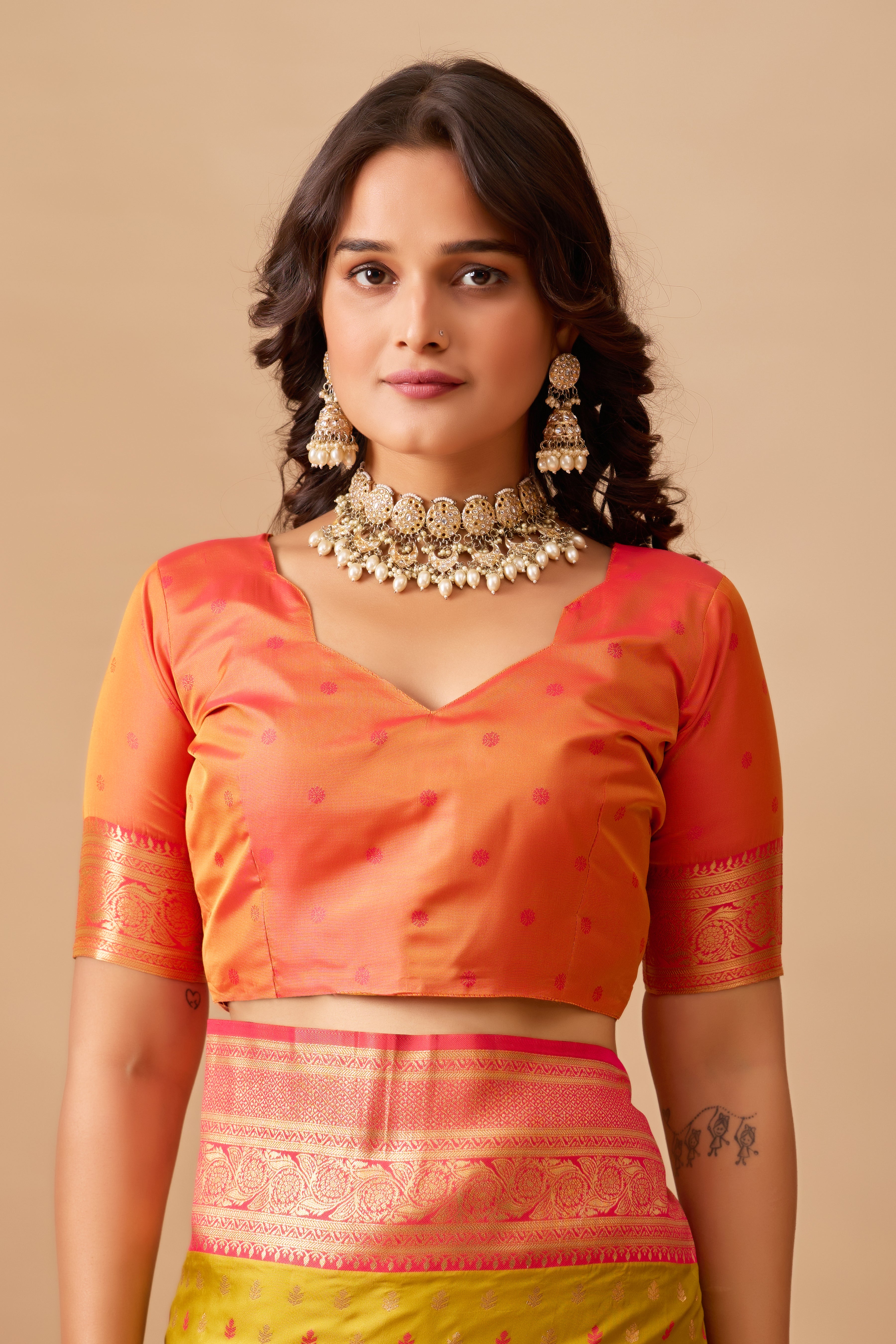 Enchanted Weaves Banarasi Silk Saree in Mehendi & Cherry Tones