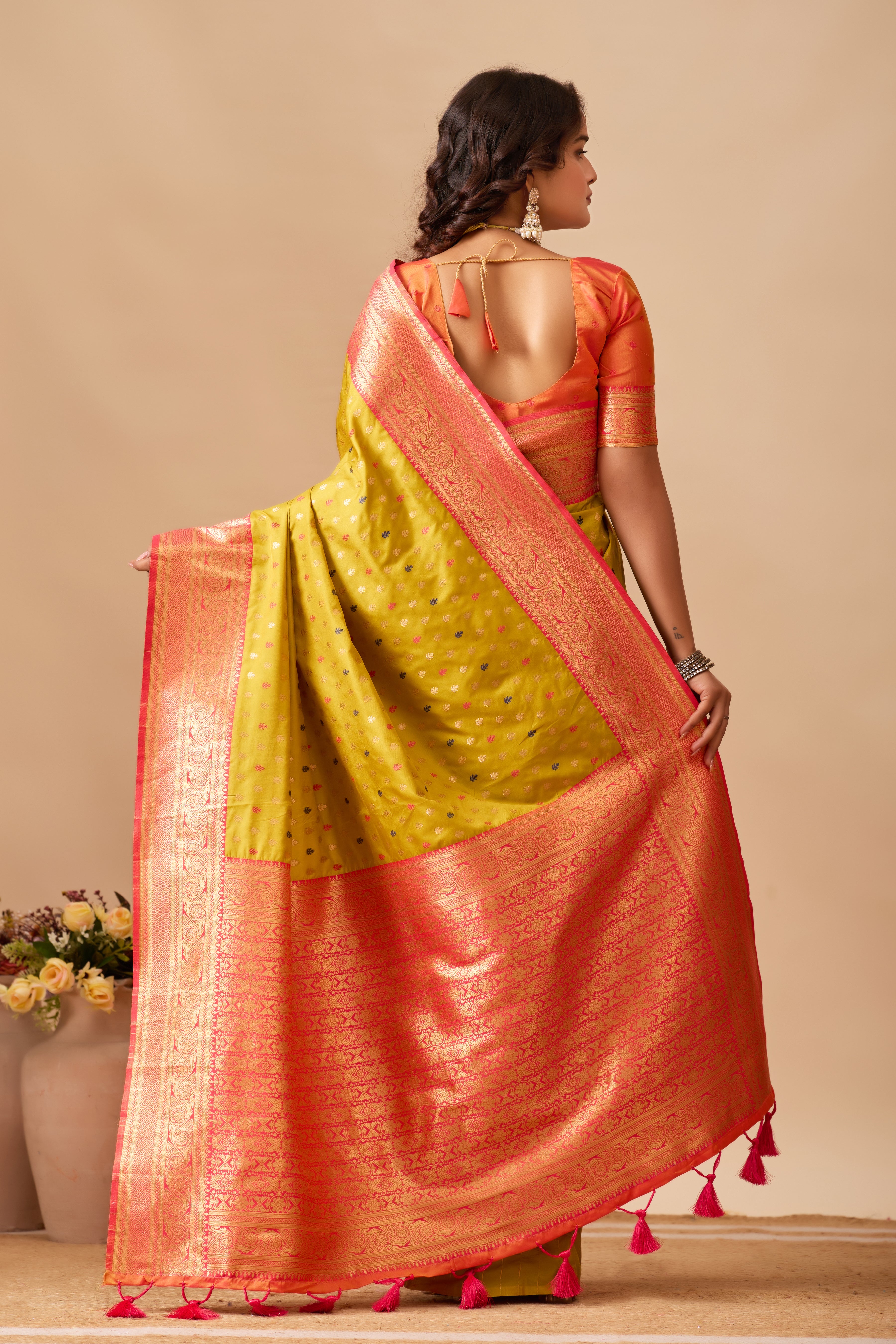 Enchanted Weaves Banarasi Silk Saree in Mehendi & Cherry Tones