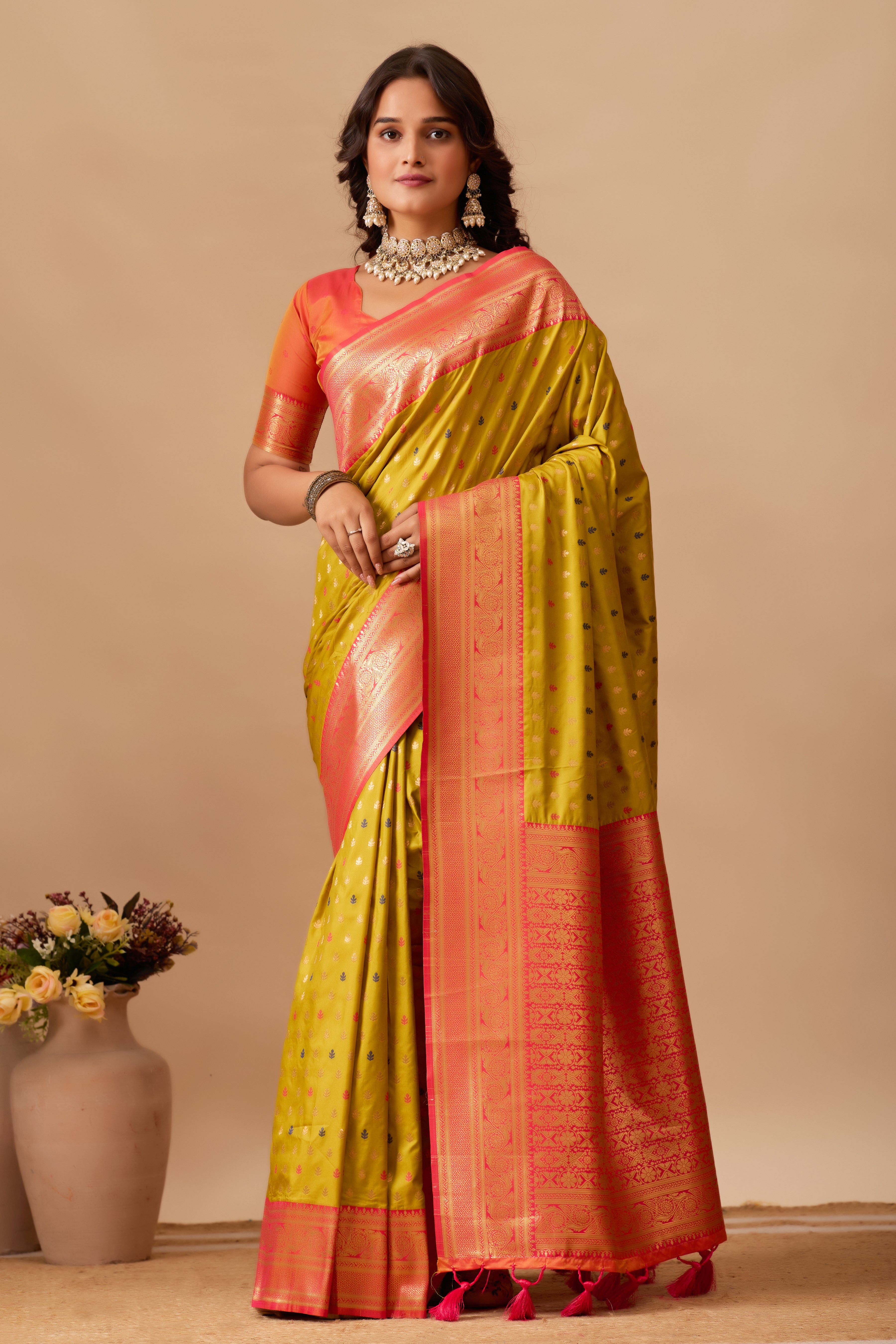 Enchanted Weaves Banarasi Silk Saree in Mehendi & Cherry Tones